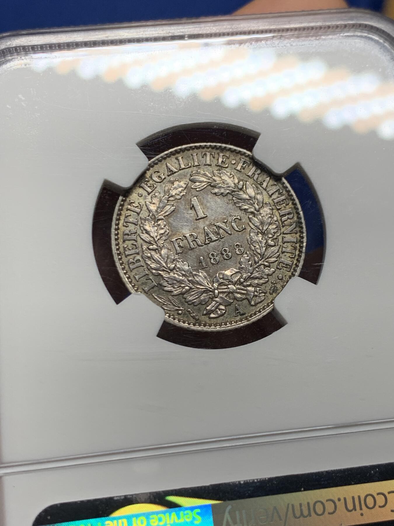 《竞宝斋》第463-465场 周日，周一，周二，3场连拍 （全场包邮）欢迎送拍 NGC AU58 法国1888年谷物女神1法郎银币 深包浆