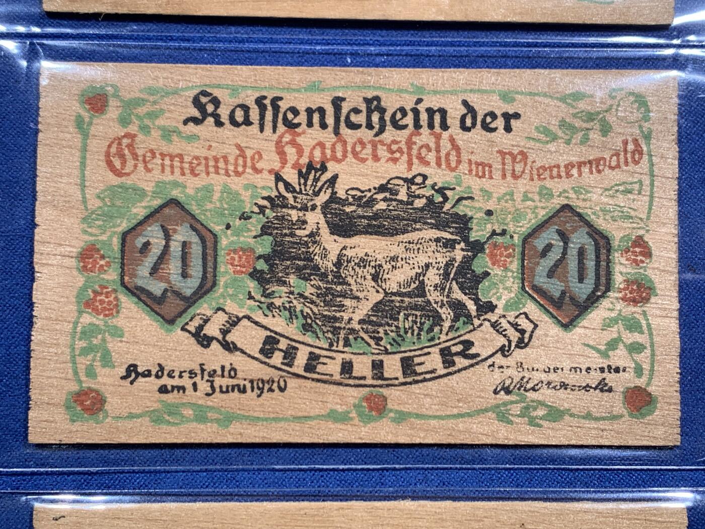 《竞宝斋》第463-465场 周日，周一，周二，3场连拍 （全场包邮）欢迎送拍 奥地利Hadersfeld哈德斯菲尔德，1920年10-20-50赫勒 木质紧急状态币 比较淡雅的为多字版，成套不易。年代久远，木头不易保存，如此品相的依然难得一见
