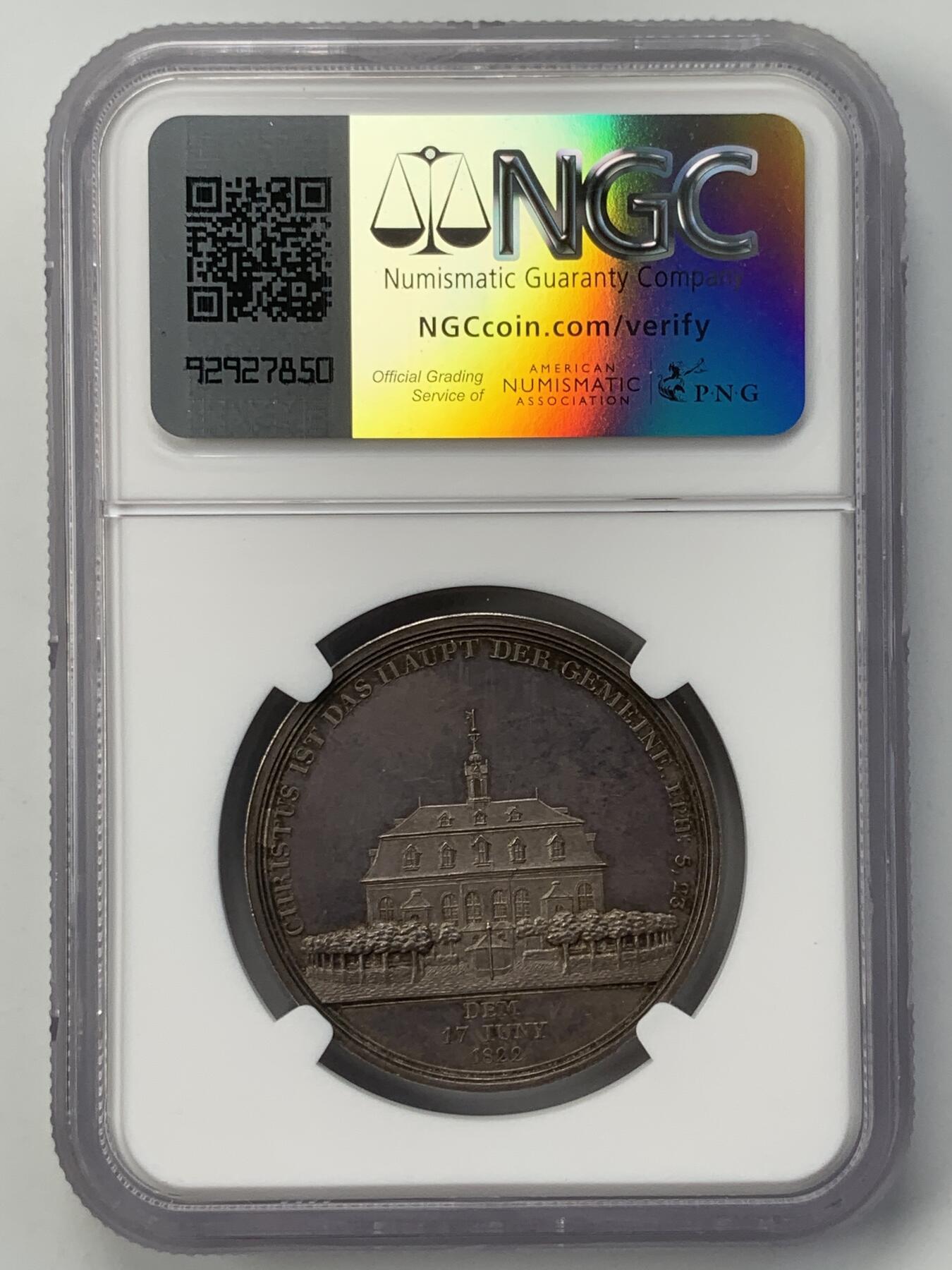 掌中浮雕-藏着的欧洲第052场 NGC MS63 : 1822年莫拉维亚教会德语分支受萨克森伯爵青岑多夫庇护百年银章，33mm