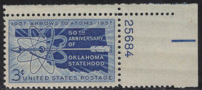 洪涛臻品批发群 精选邮票限时拍卖第1244期  - 1957美国俄克拉荷马建州-地图原子能箭 雕版1全套 角边版号！原胶全品！