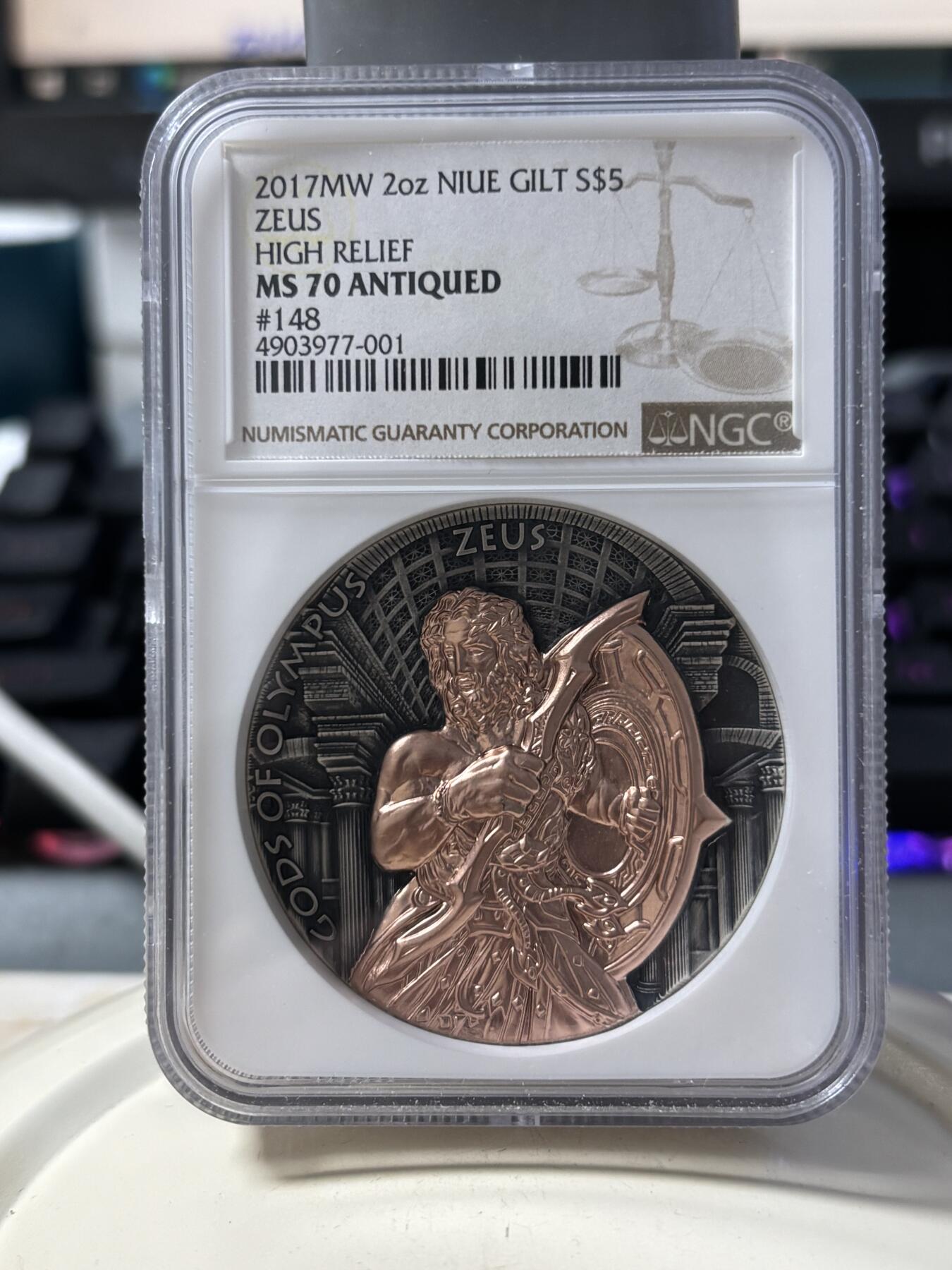 第190期拍卖 纽埃2017年奥林匹斯神宙斯镀红金纪念银币NGC-MS70，999银镀金，发行500枚