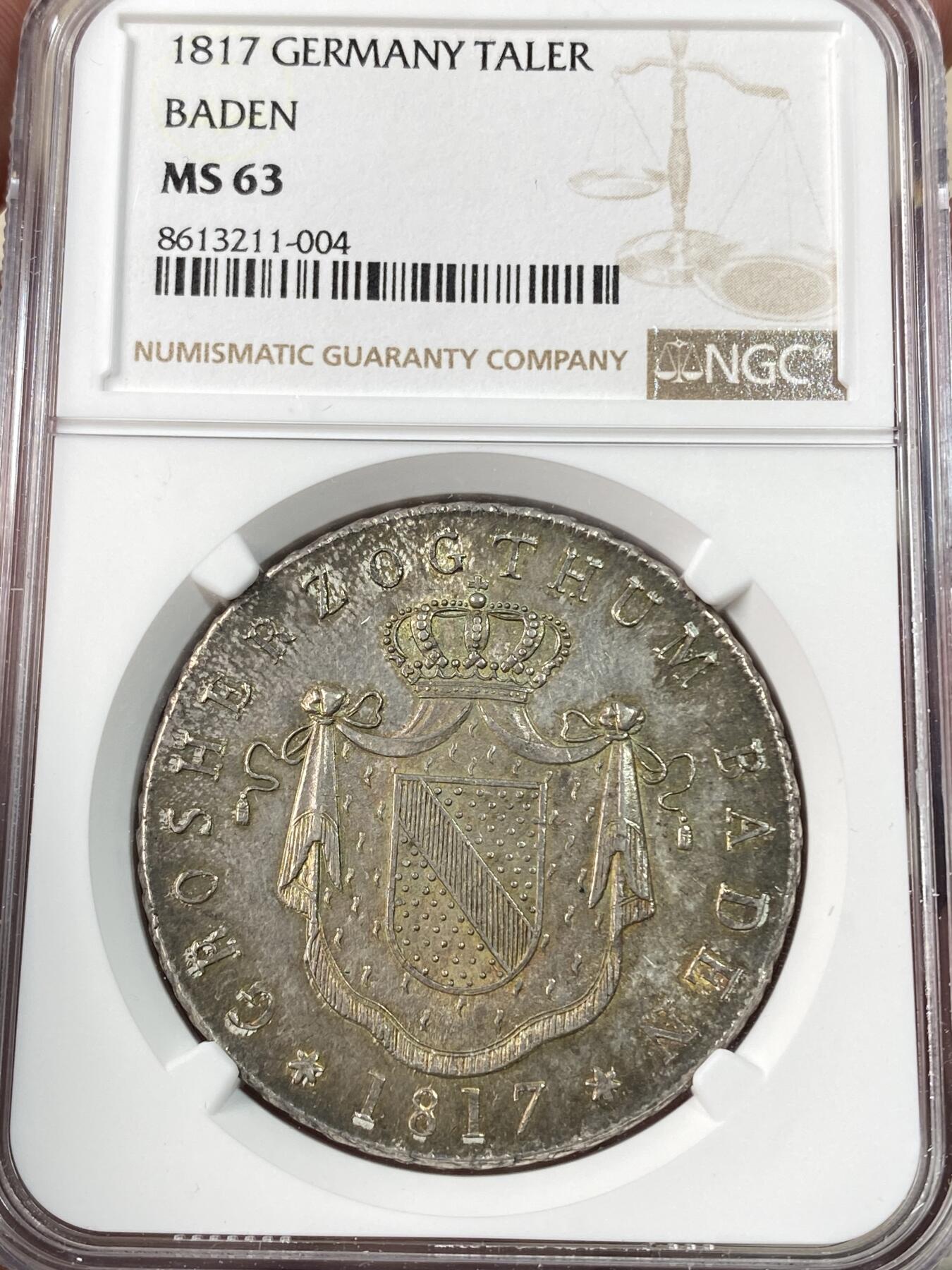万国钱币拍卖第060期（万国六十期纪念大拍） NGC MS63 1817年德国巴登-杜拉赫大公国卡尔·路德维希·弗里德里希皇冠大泰勒 NGC唯一冠军分 第二名55分 断崖式领先型神品 原味德国倒影老包浆 顶级收藏品质