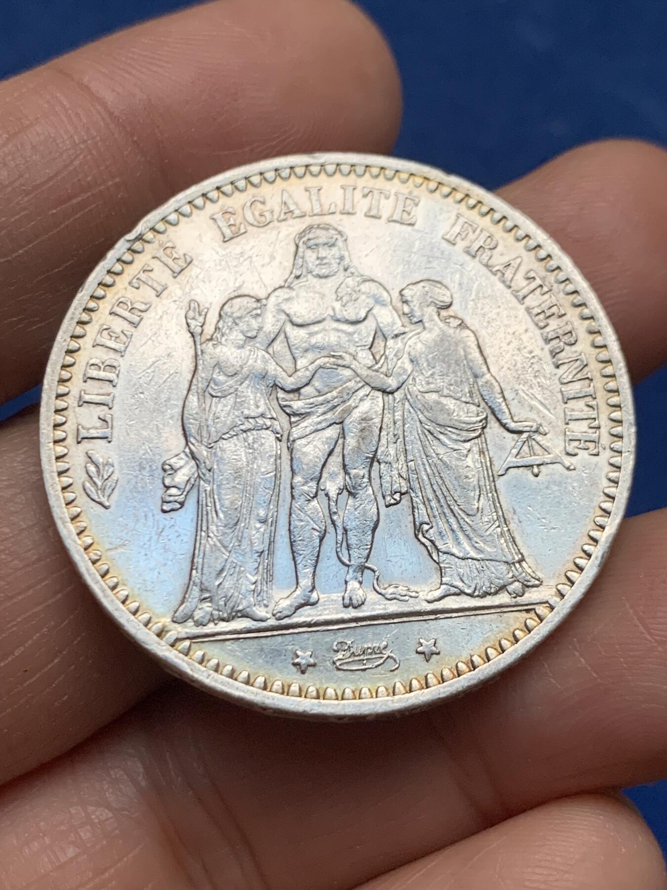 《竞宝斋》第463-465场 周日，周一，周二，3场连拍 （全场包邮）欢迎送拍 两枚一组 法国1874年大力神5法郎银币 总重49.7克