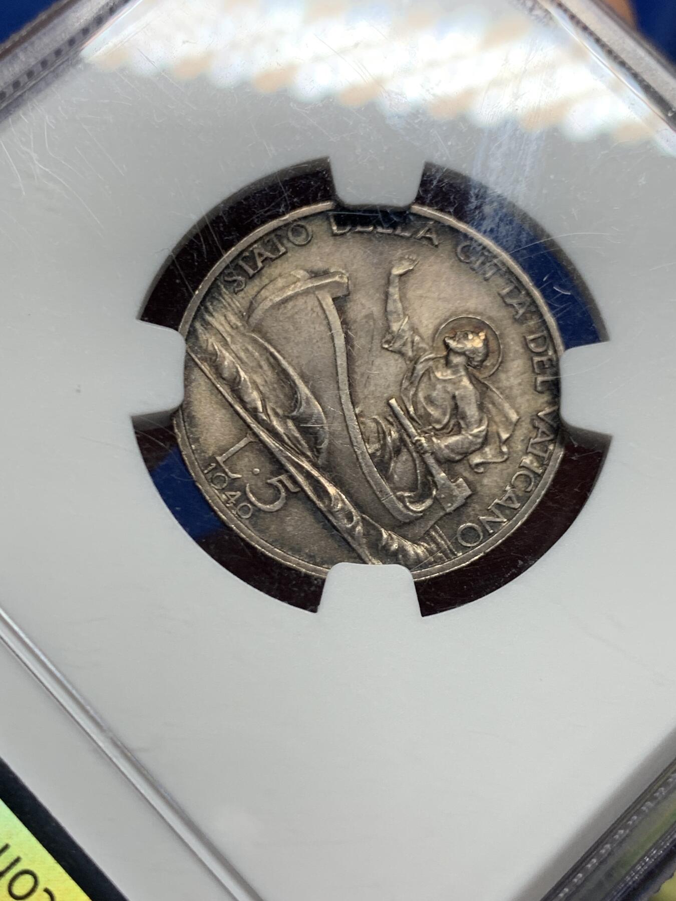 《竞宝斋》第463-465场 周日，周一，周二，3场连拍 （全场包邮）欢迎送拍 NGC MS64 梵蒂冈1940年5里拉银币 双面均匀深彩包浆很好看