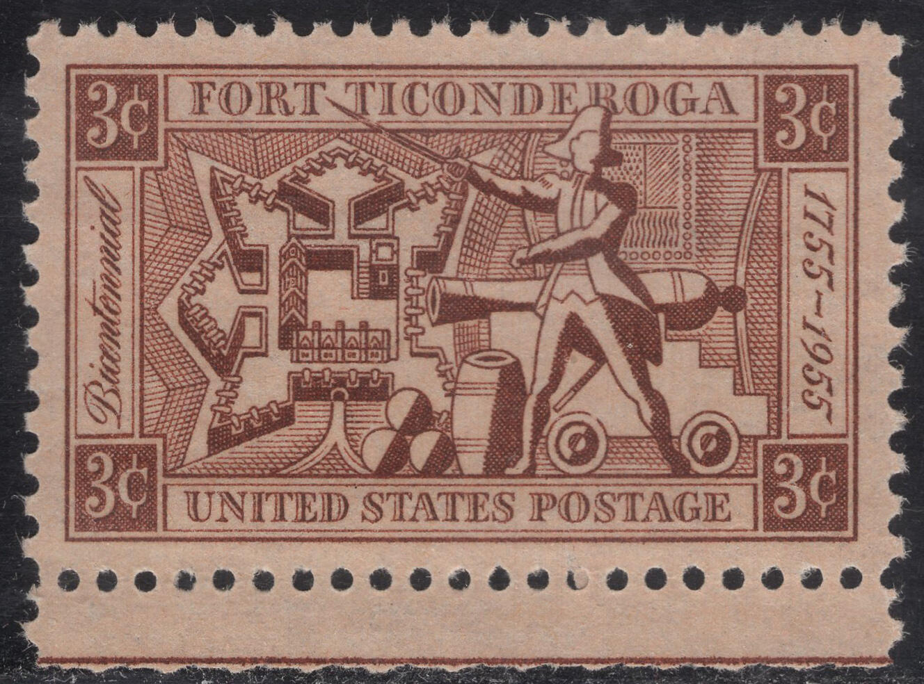 洪涛臻品批发群 精选邮票限时拍卖第1244期  1955美国泰孔德罗加城堡200年--艾伦及地图 雕版1全套带边 原胶全品！