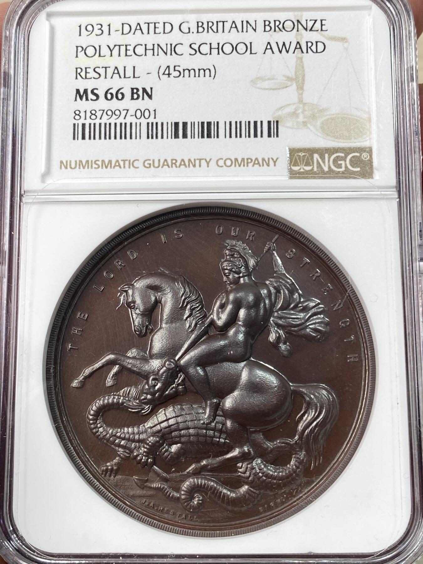 万国钱币拍卖第060期（万国六十期纪念大拍） NGC MS66 1931英国理工学院屠龙铜章 颁发给现代语言法国文学专业的A.Angus 高浮雕肉眼无瑕GEM品质
