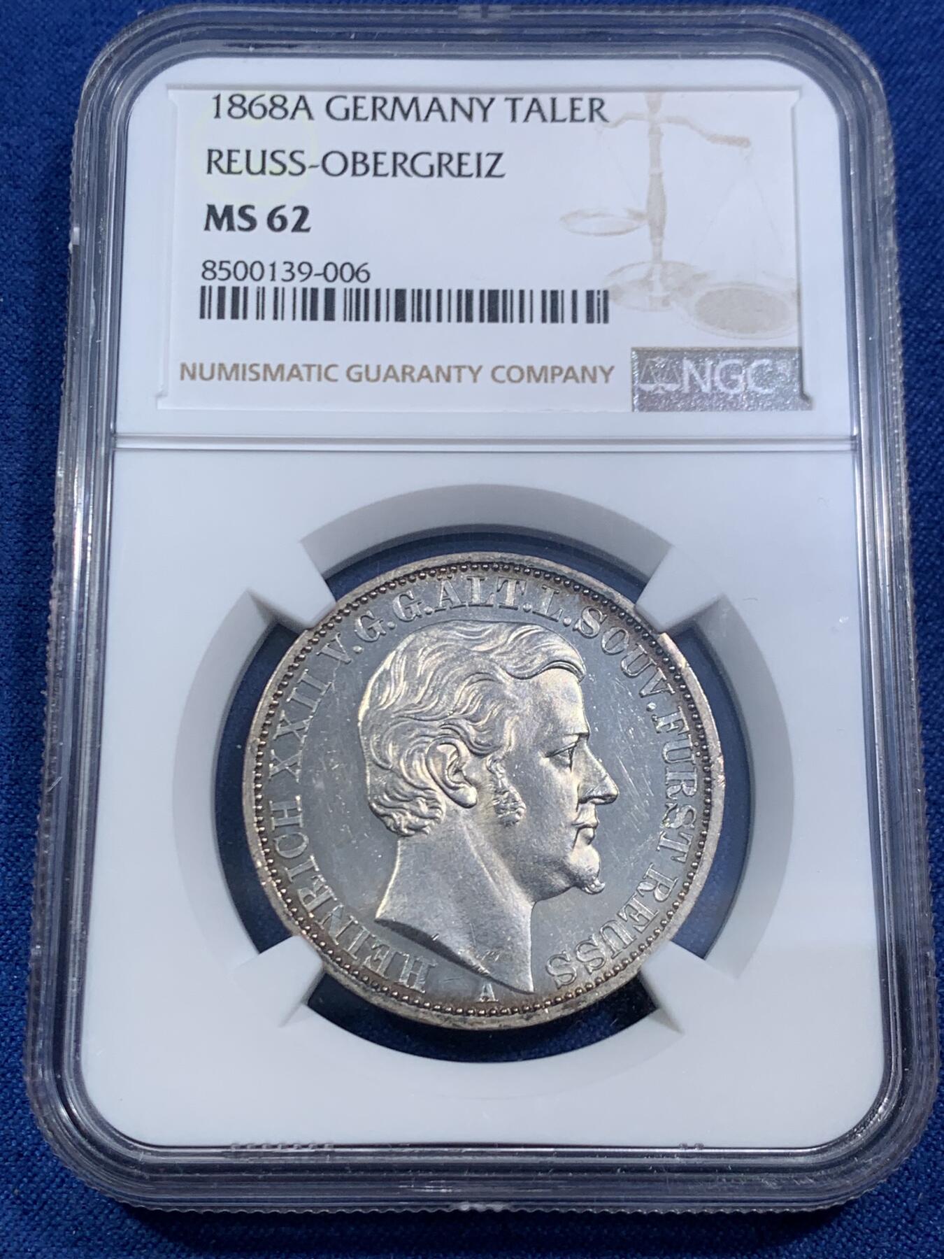 《竞宝斋》第464场 周日，周一，周二，3场连拍 （全场包邮）欢迎送拍 NGC MS62 德国 1868 罗斯上格莱茨仙鹤纹章泰勒，流通充分的罕见小邦品种，单年发行7100枚，类镜面底板