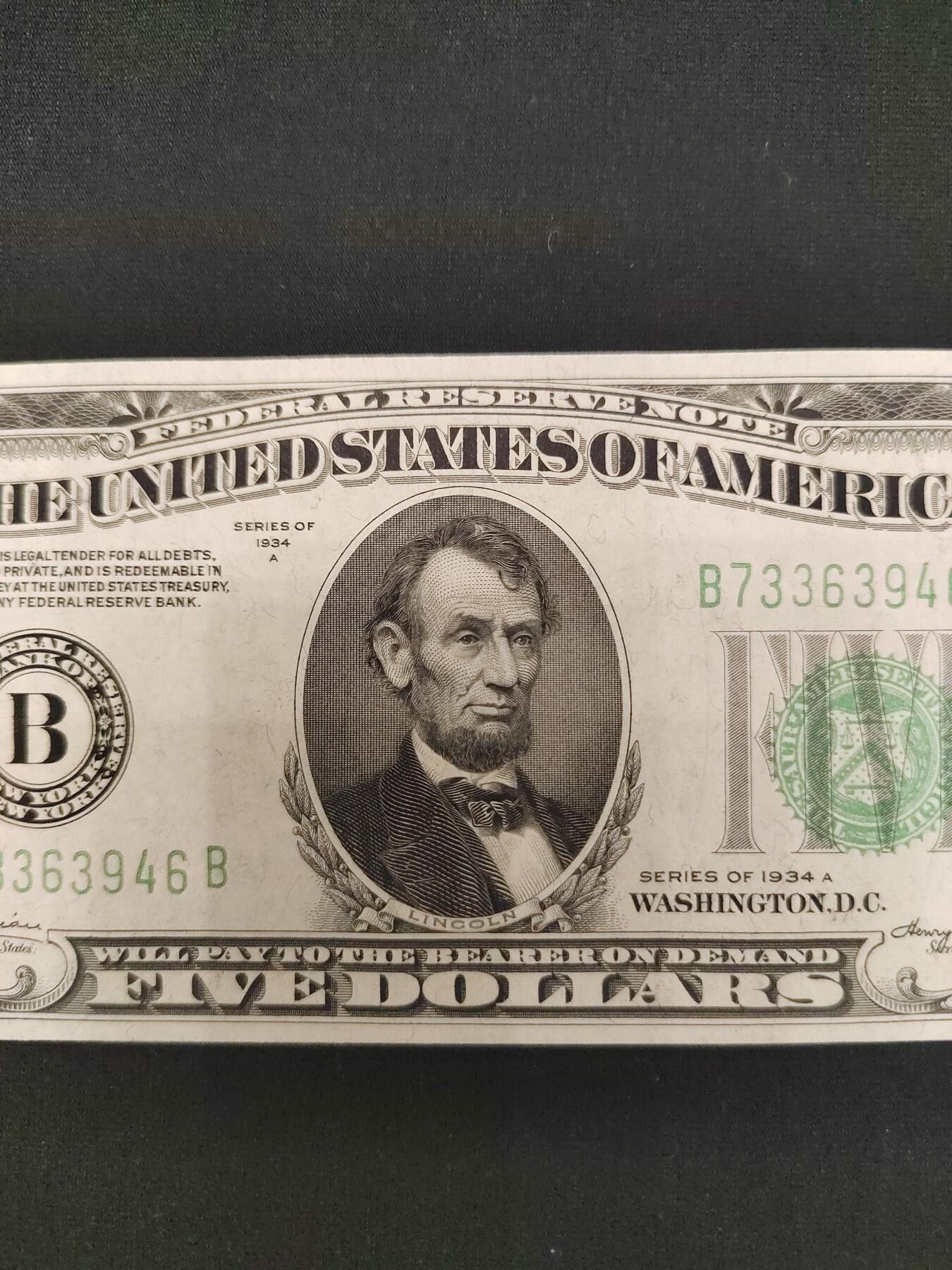 1934年5美元，品相UNC
