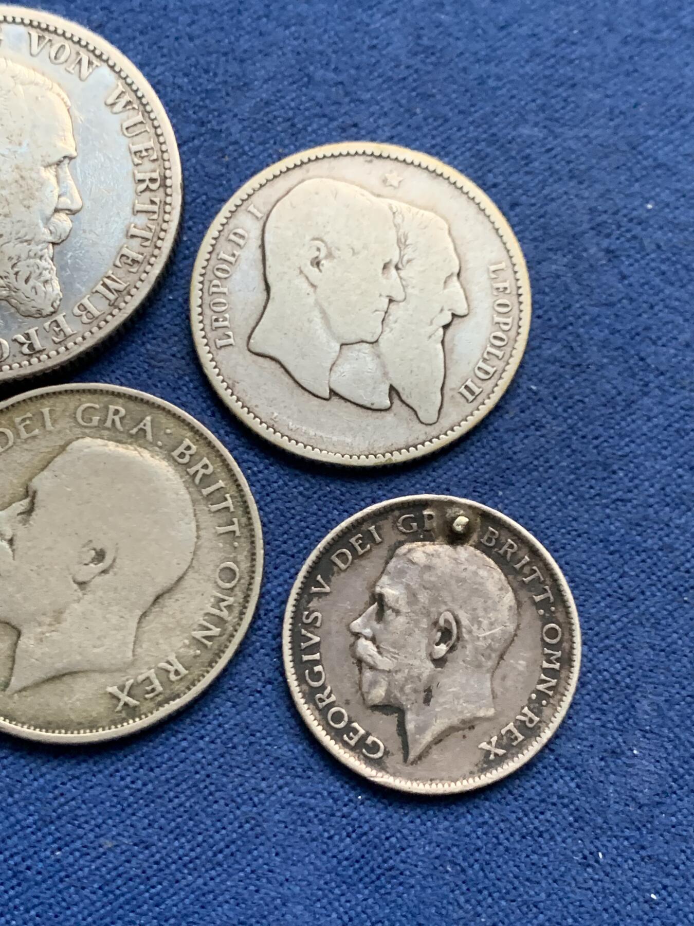 《竞宝斋》第464场 周日，周一，周二，3场连拍 （全场包邮）欢迎送拍 五枚一组 德国2马克+比利时1法郎+英国1先令+法国半法郎+英国6便士