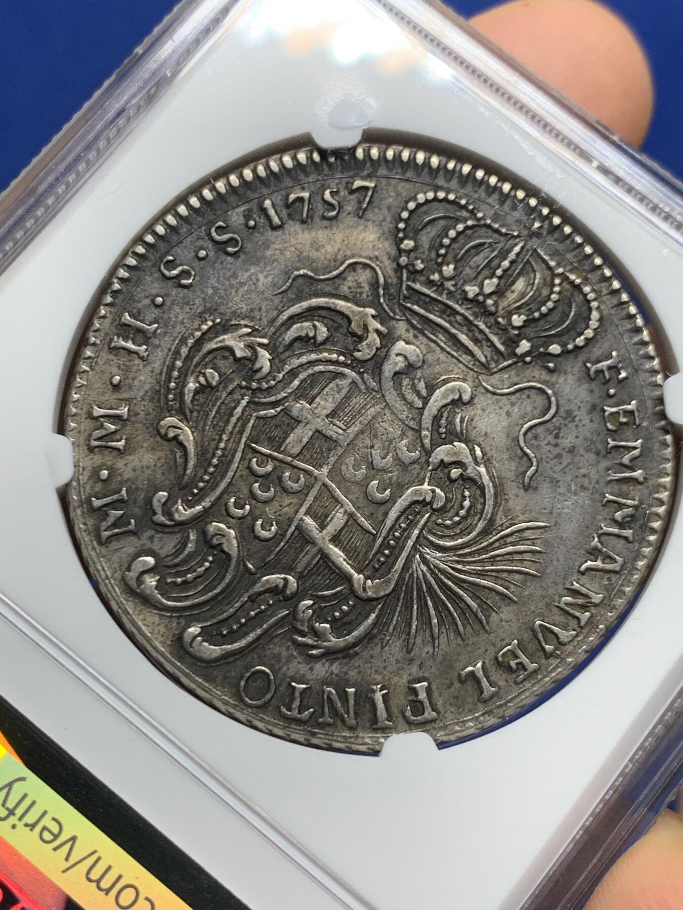 《竞宝斋》第464场 周日，周一，周二，3场连拍 （全场包邮）欢迎送拍 NGC XFD 马耳他骑士团（医院骑士团） 1757年 30塔里 银币 该类型最大面值  传世黑包浆 打制很好 稀少品种