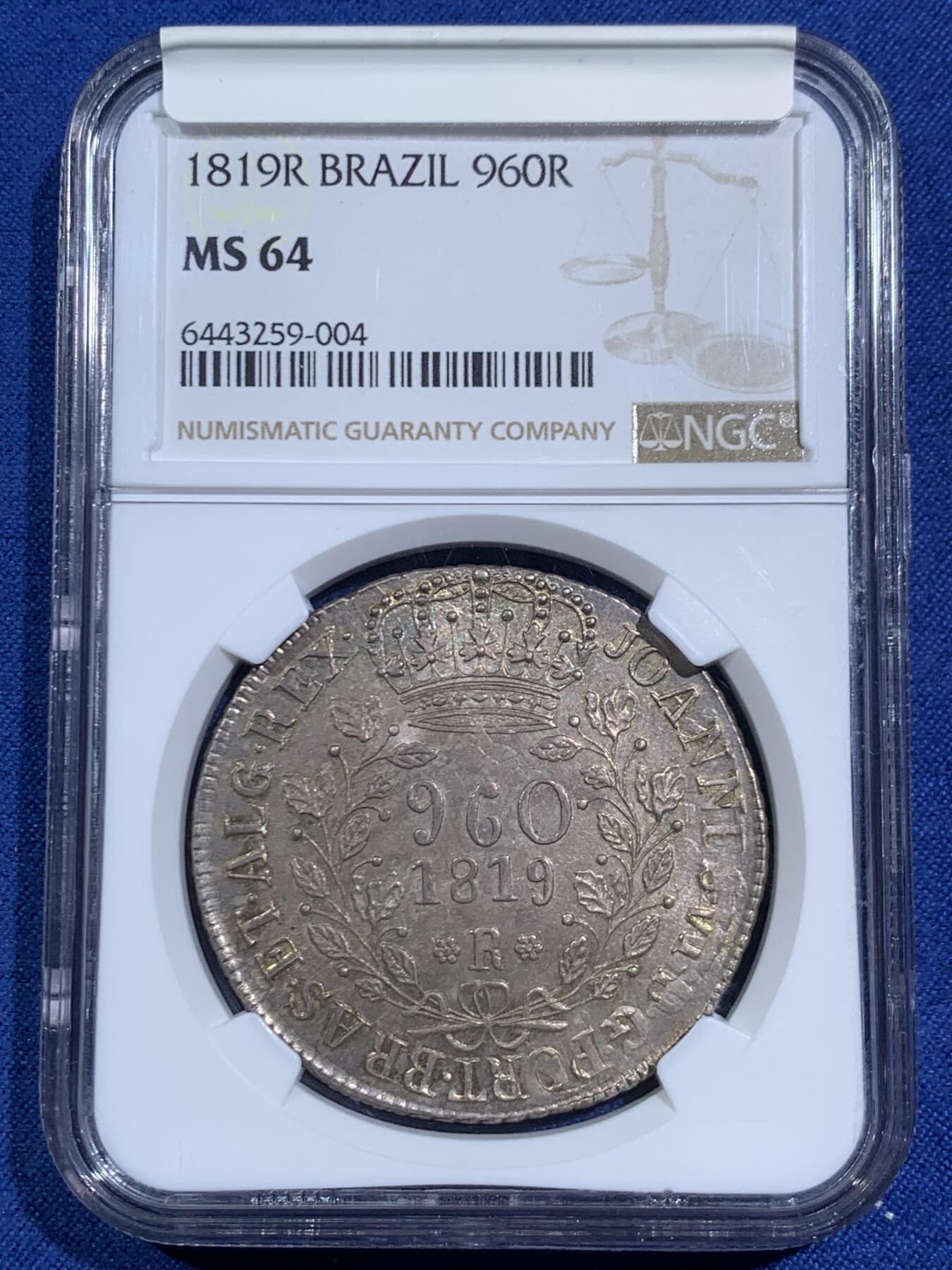 《竞宝斋》第464场 周日，周一，周二，3场连拍 （全场包邮）欢迎送拍 NGC MS64 葡属巴西1819年R版960R地球大银币