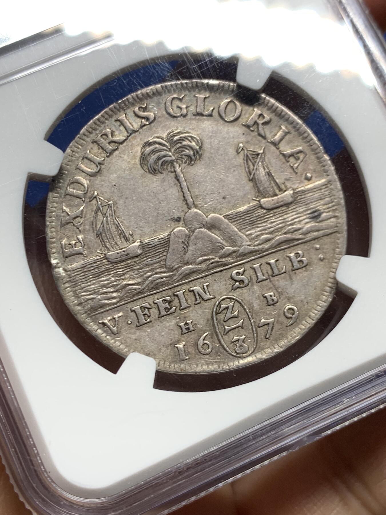 《竞宝斋》第464场 周日，周一，周二，3场连拍 （全场包邮）欢迎送拍 NGC AU53 德国 1679年 布伦瑞克-吕讷堡公国 2/3泰勒银币 背面海洋帆船景观少见