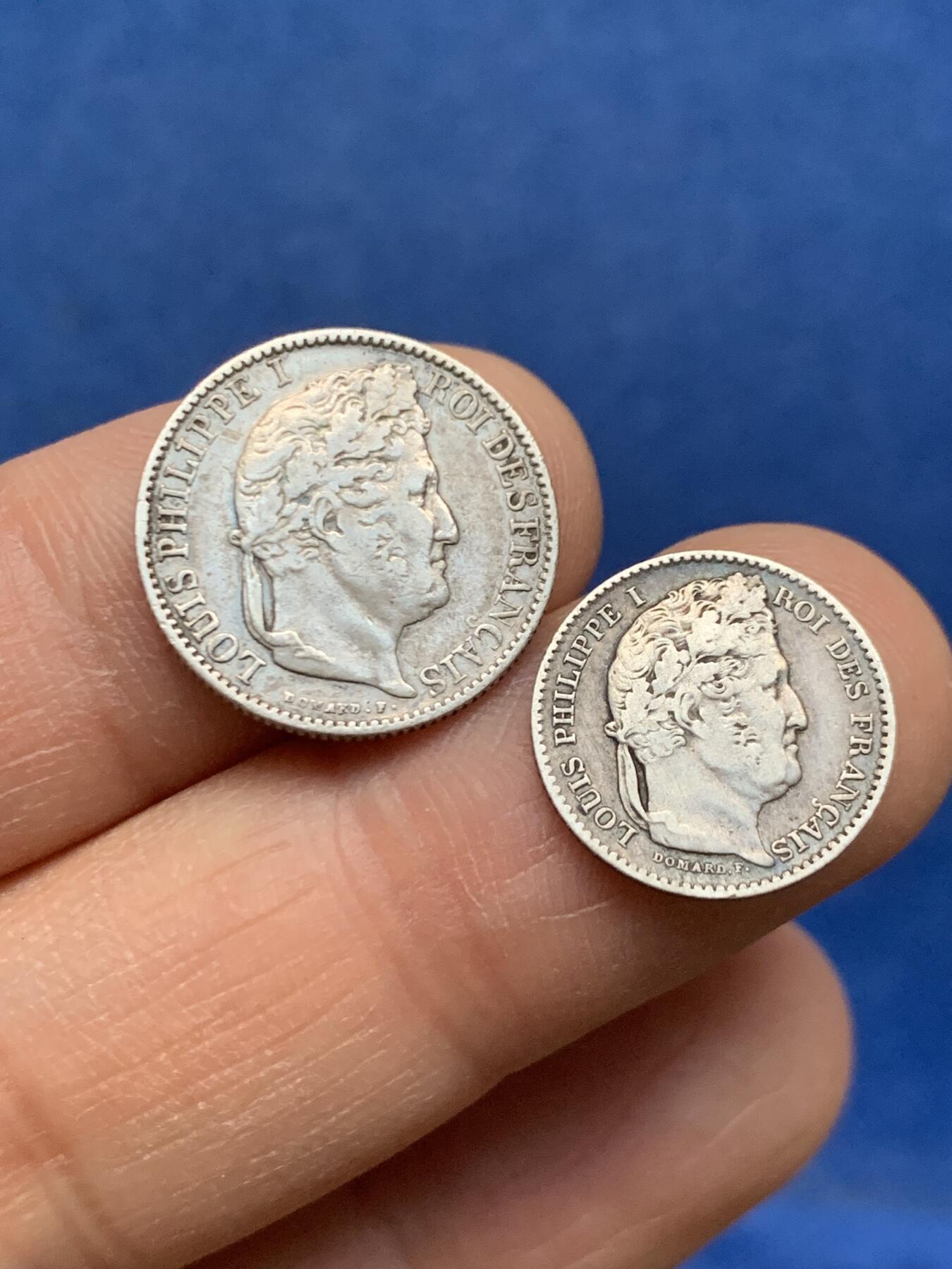 《竞宝斋》第464场 周日，周一，周二，3场连拍 （全场包邮）欢迎送拍 两枚一组 法国1846年菲利普一世25分，50分银币，法郎辅币少见。