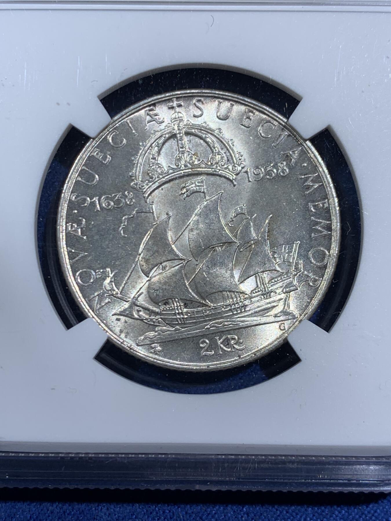 《竞宝斋》第464场 周日，周一，周二，3场连拍 （全场包邮）欢迎送拍 NGC MS64 瑞典1938年殖民地定居点成立300周年2克朗银币