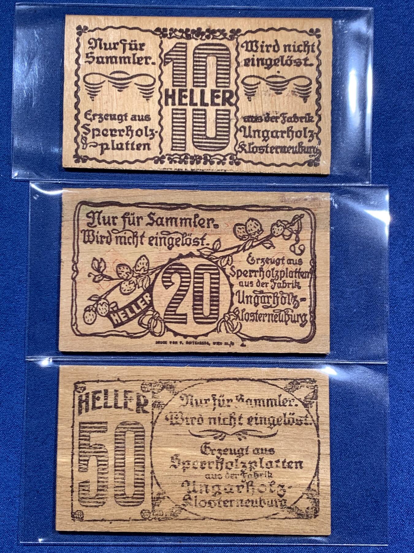 《竞宝斋》第464场 周日，周一，周二，3场连拍 （全场包邮）欢迎送拍 奥地利Hadersfeld哈德斯菲尔德，1920年10-20-50赫勒 木质紧急状态币 红色较鲜艳为少字版 成套不易。年代久远，木头不易保存，如此品相的依然难得一见。