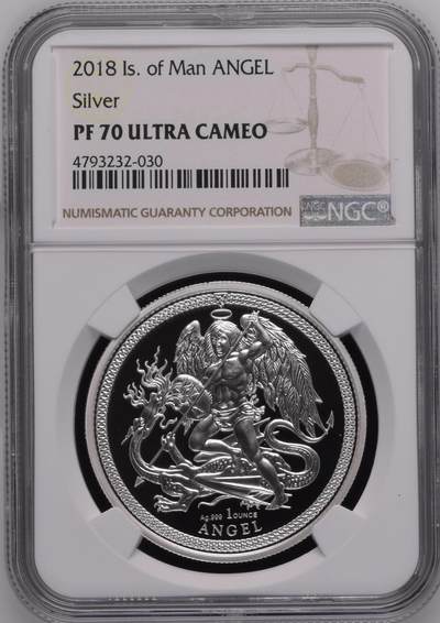 S&S Numismatic世界钱币-拍卖 第120期  - 马恩岛2018年 天使屠龙 1天使1盎司999投资精制银币 31.1克999银 NGC PF70UC冠军分