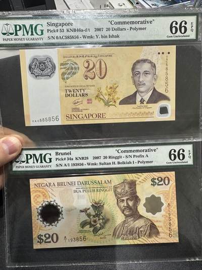 《外钞收藏家》第六百零七期（畅拍场）（本平台长期征集拍品、欢迎藏友们联系合作） - 2007年新加坡和文莱20纪念钞 2张一起 PMG66
