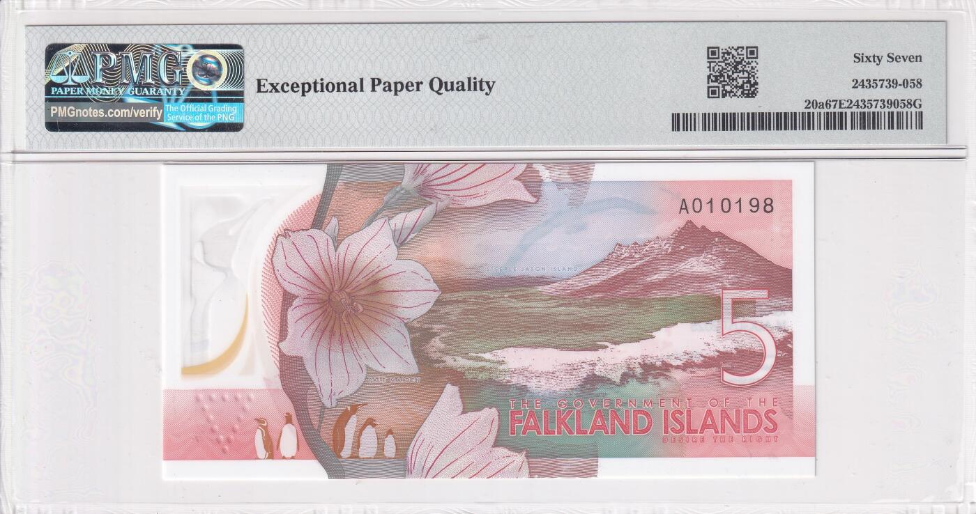 【礼羽收藏】🌏世界钱币拍卖第123期 【A010198】全新UNC 2025年福克兰群岛5镑 塑料钞 查尔斯 首发A冠 无3457尾198 倒置号 PMG67 高分靓号