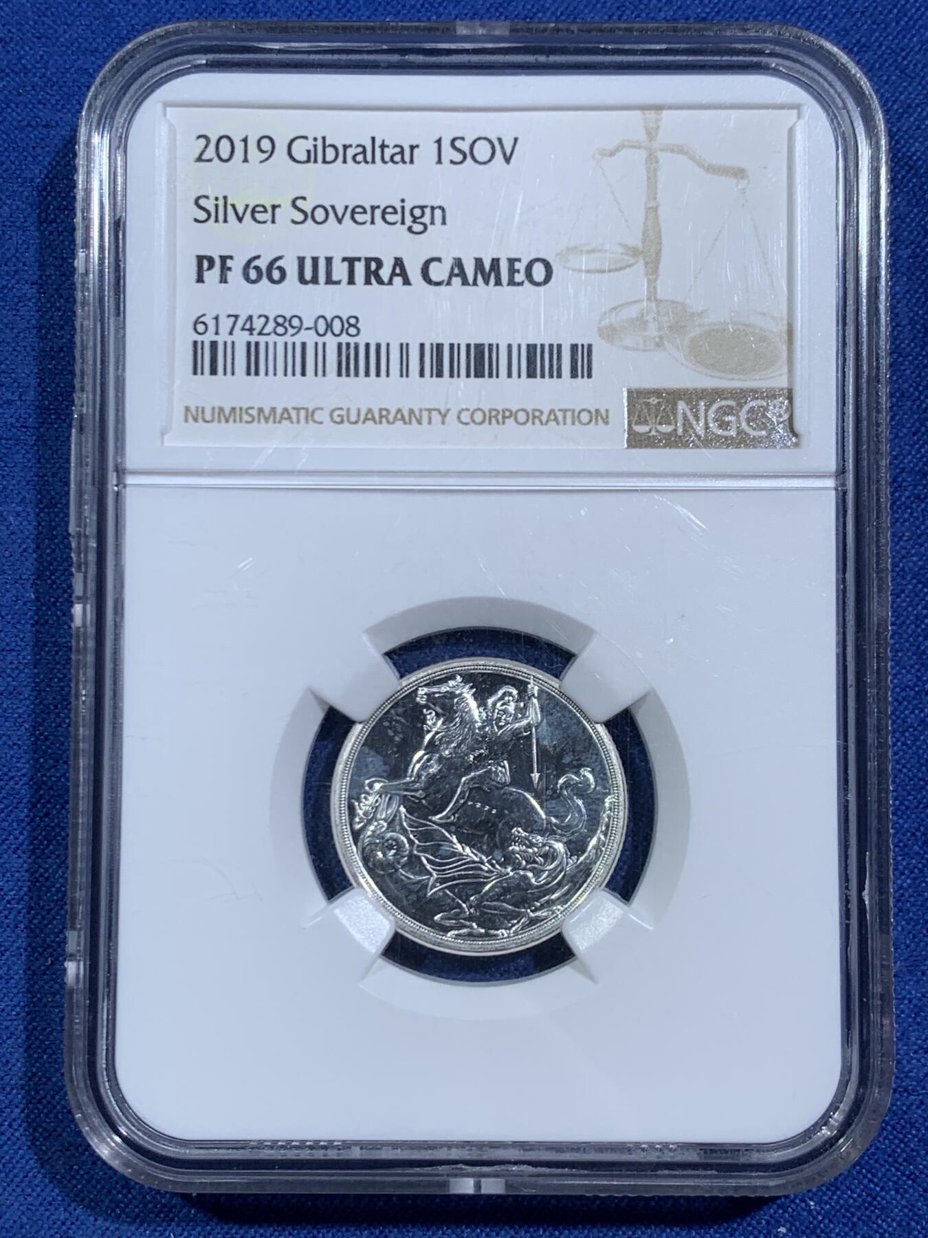 《竞宝斋》第464场 周日，周一，周二，3场连拍 （全场包邮）欢迎送拍 NGC PF66UC 直布罗陀2019年银索维尔，圣乔治屠龙，7.98克，999银，国内少见，收藏马剑图案的可以凑一个。