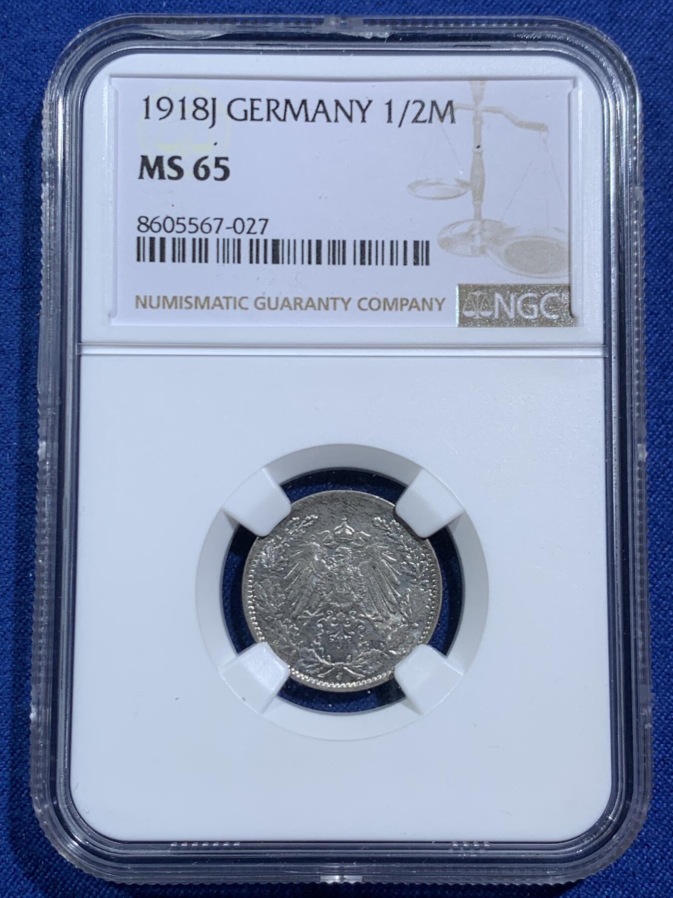 《竞宝斋》第464场 周日，周一，周二，3场连拍 （全场包邮）欢迎送拍 两枚同型号同评级 NGC MS65 德国1918年J版汉堡造币厂德国1/2马克 银币 高分品相