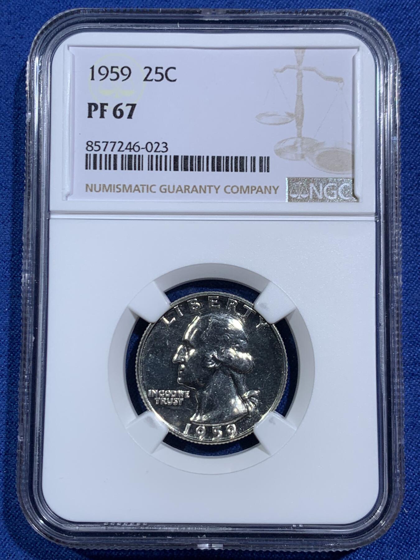 《竞宝斋》第464场 周日，周一，周二，3场连拍 （全场包邮）欢迎送拍 NGC PF67 美国1959年华盛顿25分精制银币