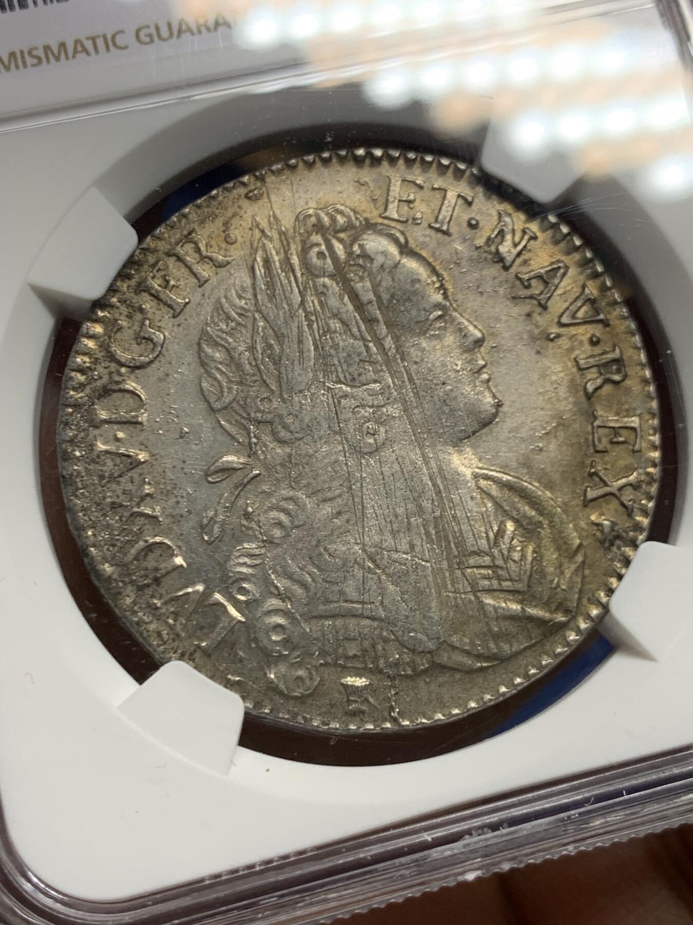 《竞宝斋》第464场 周日，周一，周二，3场连拍 （全场包邮）欢迎送拍 NGC UNC 法国1719年路易十五埃居 儿童版 9少见小厂RENNES铸造 稀有度R2 UNC未流通状态