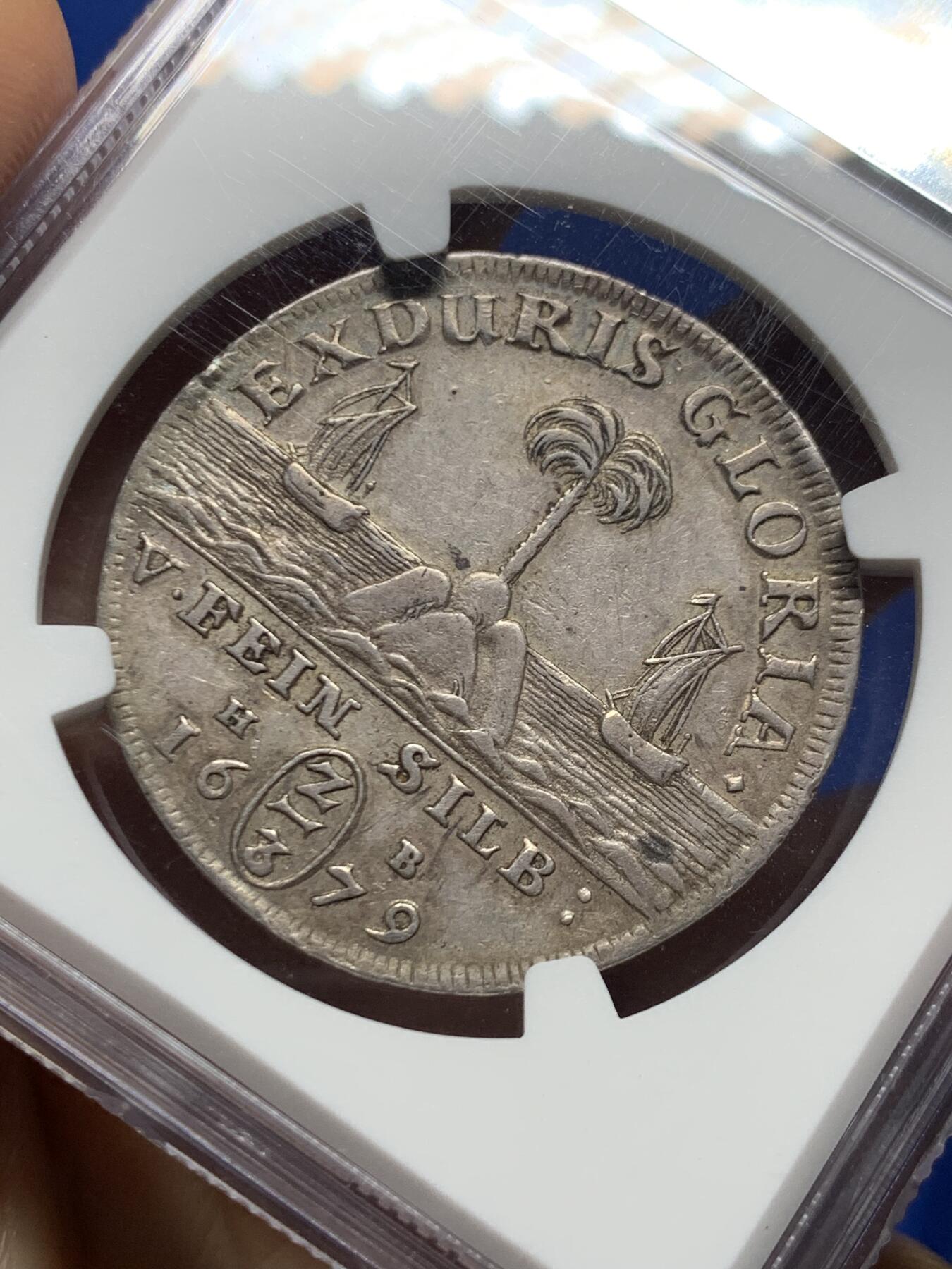 《竞宝斋》第464场 周日，周一，周二，3场连拍 （全场包邮）欢迎送拍 NGC AU53 德国 1679年 布伦瑞克-吕讷堡公国 2/3泰勒银币 背面海洋帆船景观少见