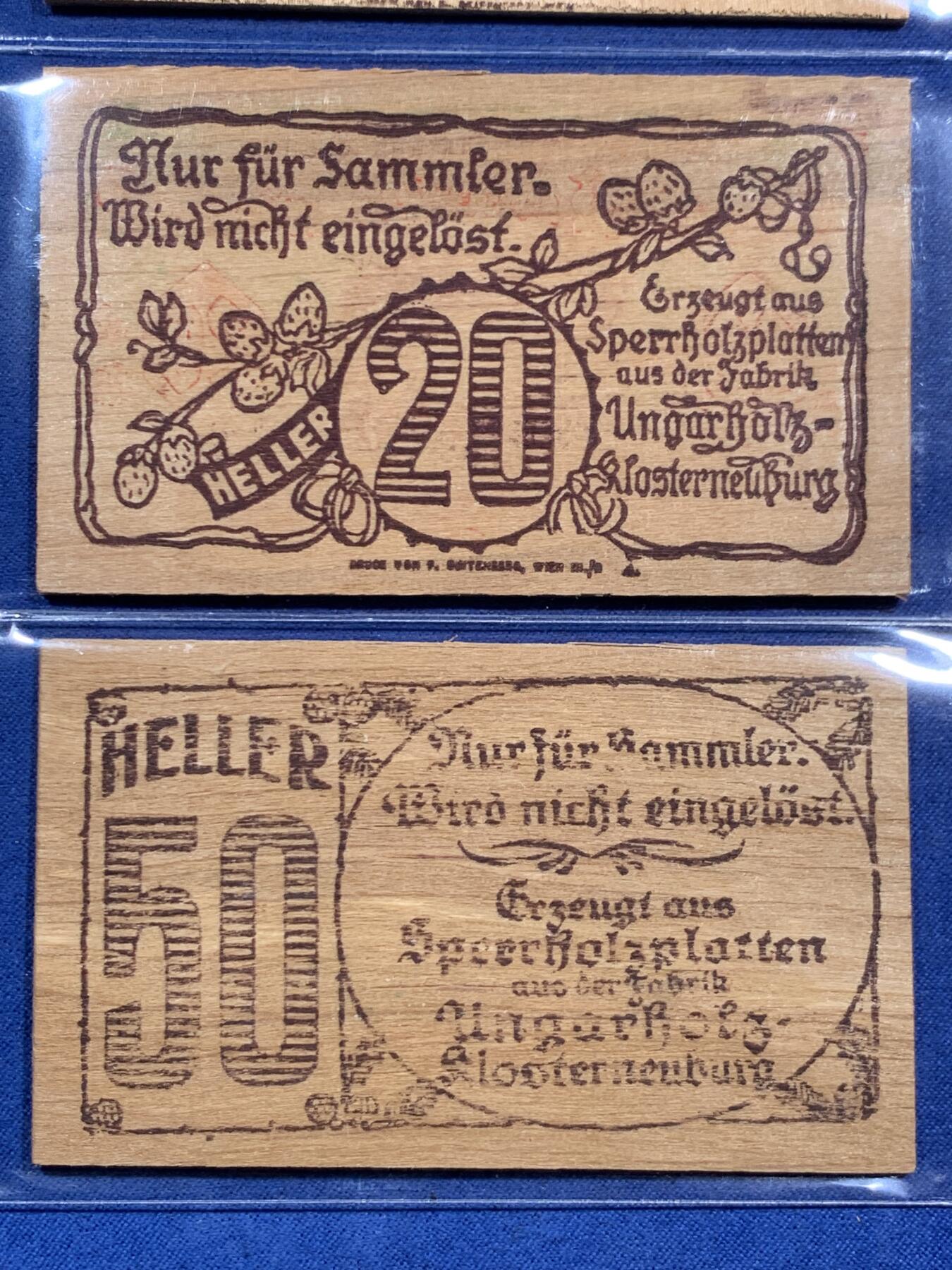 《竞宝斋》第464场 周日，周一，周二，3场连拍 （全场包邮）欢迎送拍 奥地利Hadersfeld哈德斯菲尔德，1920年10-20-50赫勒 木质紧急状态币 红色较鲜艳为少字版 成套不易。年代久远，木头不易保存，如此品相的依然难得一见。