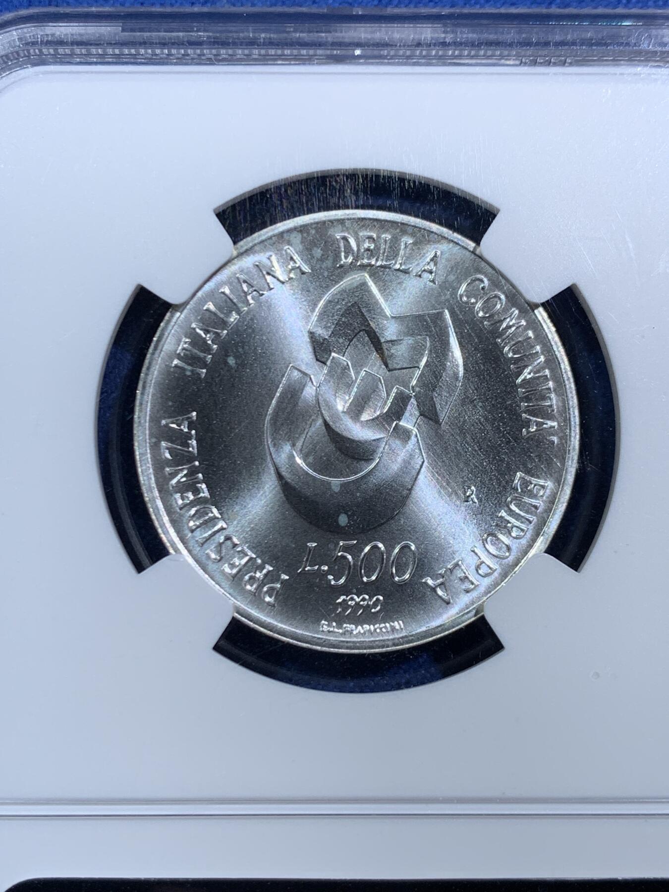 《竞宝斋》第464场 周日，周一，周二，3场连拍 （全场包邮）欢迎送拍 NGC MS64 意大利1990年担任欧共体理事会轮值主席国500里拉银币