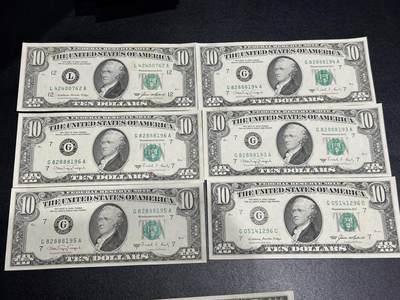 《外钞收藏家》第六百零七期（畅拍场）（本平台长期征集拍品、欢迎藏友们联系合作） - 几个年份小头10美元 6张一起 无折 有黄斑