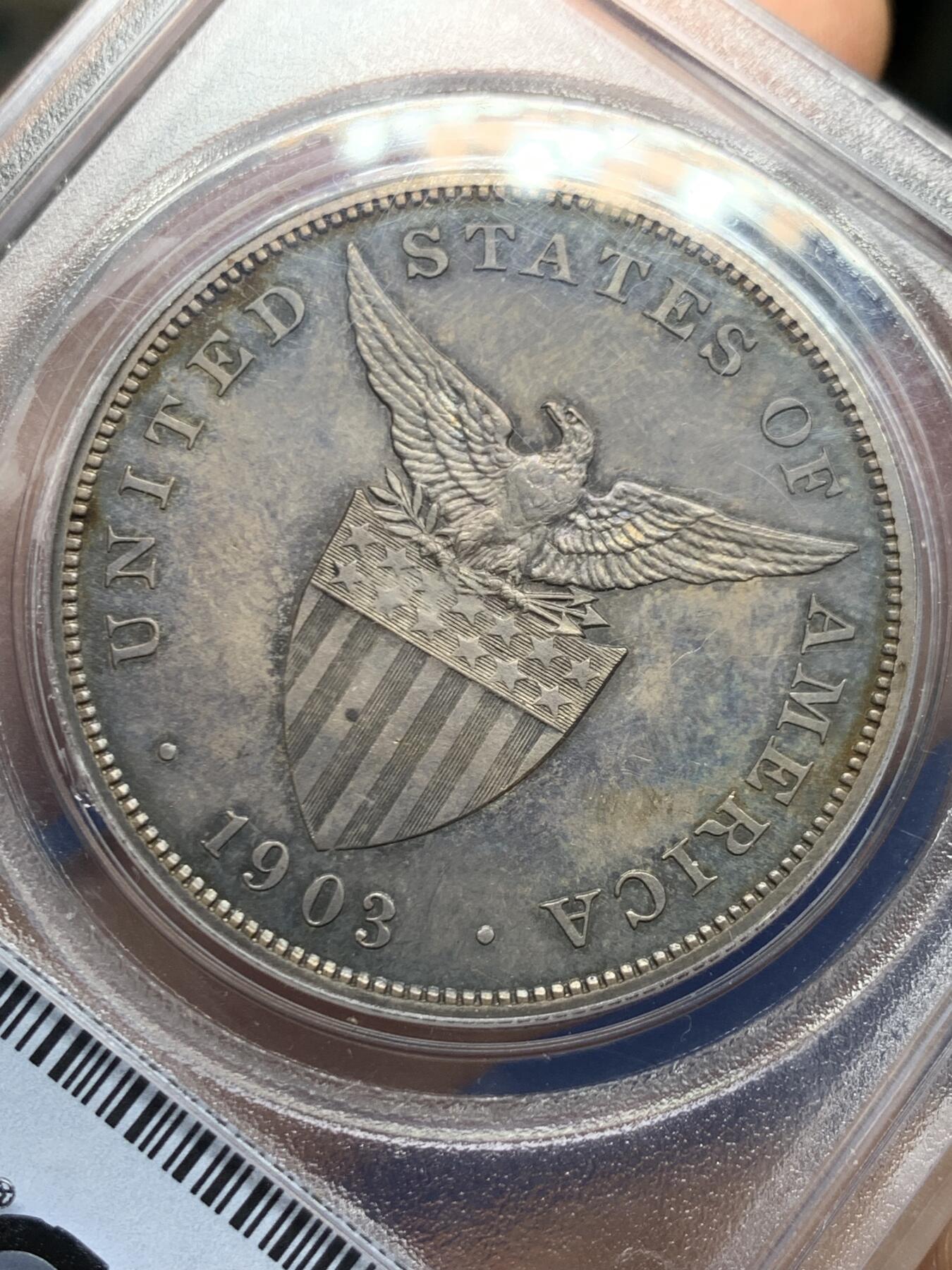 《竞宝斋》第464场 周日，周一，周二，3场连拍 （全场包邮）欢迎送拍 PCGS PR63 美属菲律宾1903年打铁女神1比索精制银币，精制大样，发行量2558枚，极少见的品种，同品种61分白币麦稀奇去年成交价含佣金7000左右