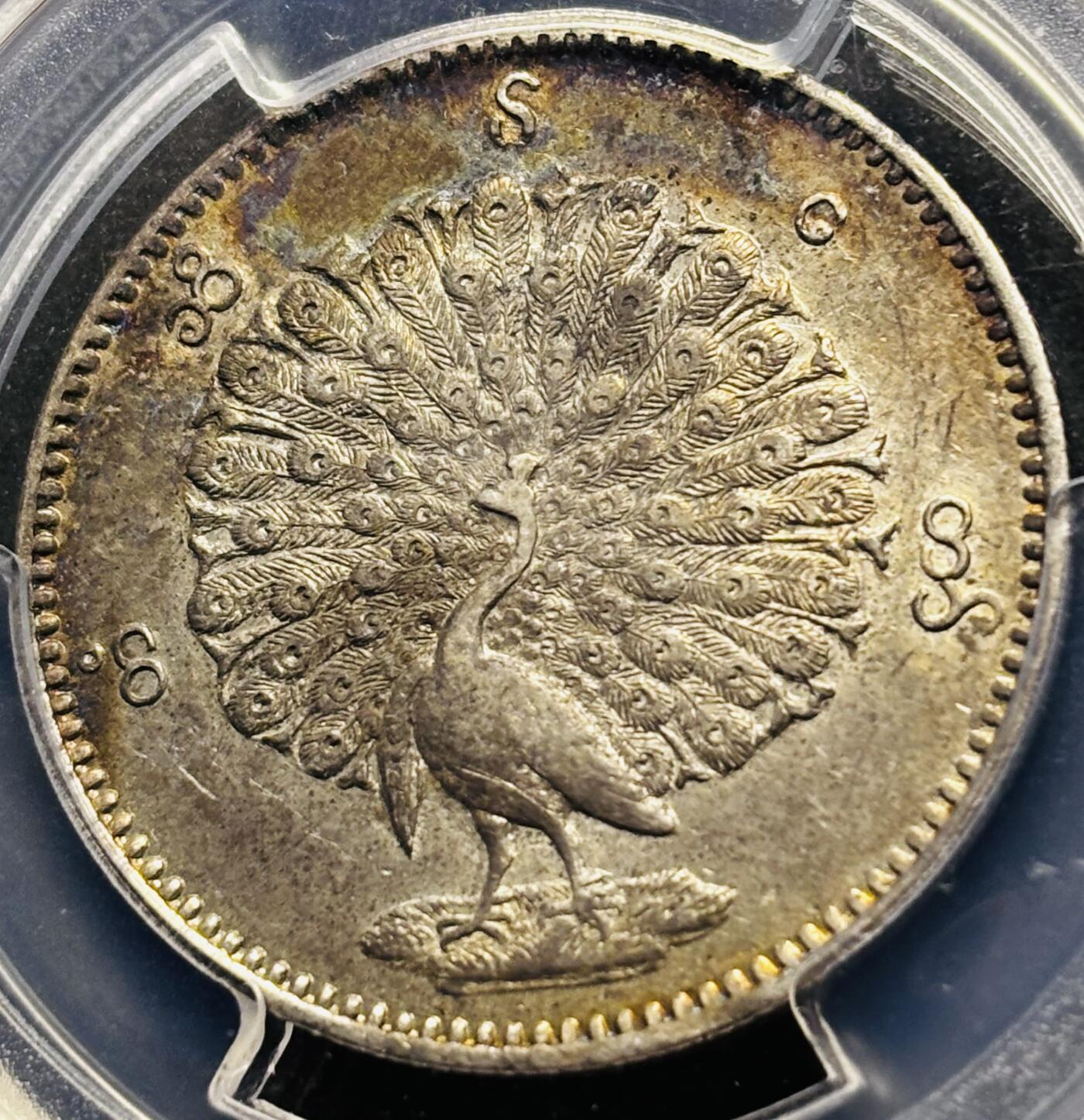 【金马踏春，泉马奔腾】2026 年新年贺岁场，（定于年初五接财神截拍）祝各位老板马到成功，马上有钱，愿岁岁平安喜乐顺遂 缅甸1852年孔雀卢比银币蒲甘敏时期深打流，PCGS 评级 AU53 分，正面五彩酱色，背面转光感强，可圈可点细节满满