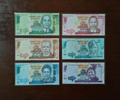 【礼羽收藏】🌏世界钱币拍卖第123期 - （一组6张）【UNC】非洲 马拉维 20.50.100.200.500.1000 纸币
