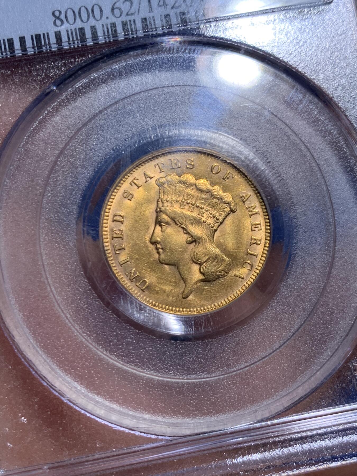 《竞宝斋》第464场 周日，周一，周二，3场连拍 （全场包邮）欢迎送拍 PCGS MS62 美国 1878年 三美元 印第安公主 Indian Princess 金币 稀缺品种 国内很少上MS的 金价750元一克的时候从美国带回来就花了2W+了 900金 5.015克 盒子角上小磕