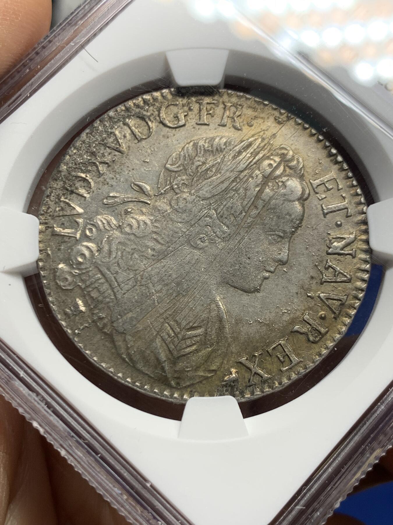 《竞宝斋》第464场 周日，周一，周二，3场连拍 （全场包邮）欢迎送拍 NGC UNC 法国1719年路易十五埃居 儿童版 9少见小厂RENNES铸造 稀有度R2 UNC未流通状态