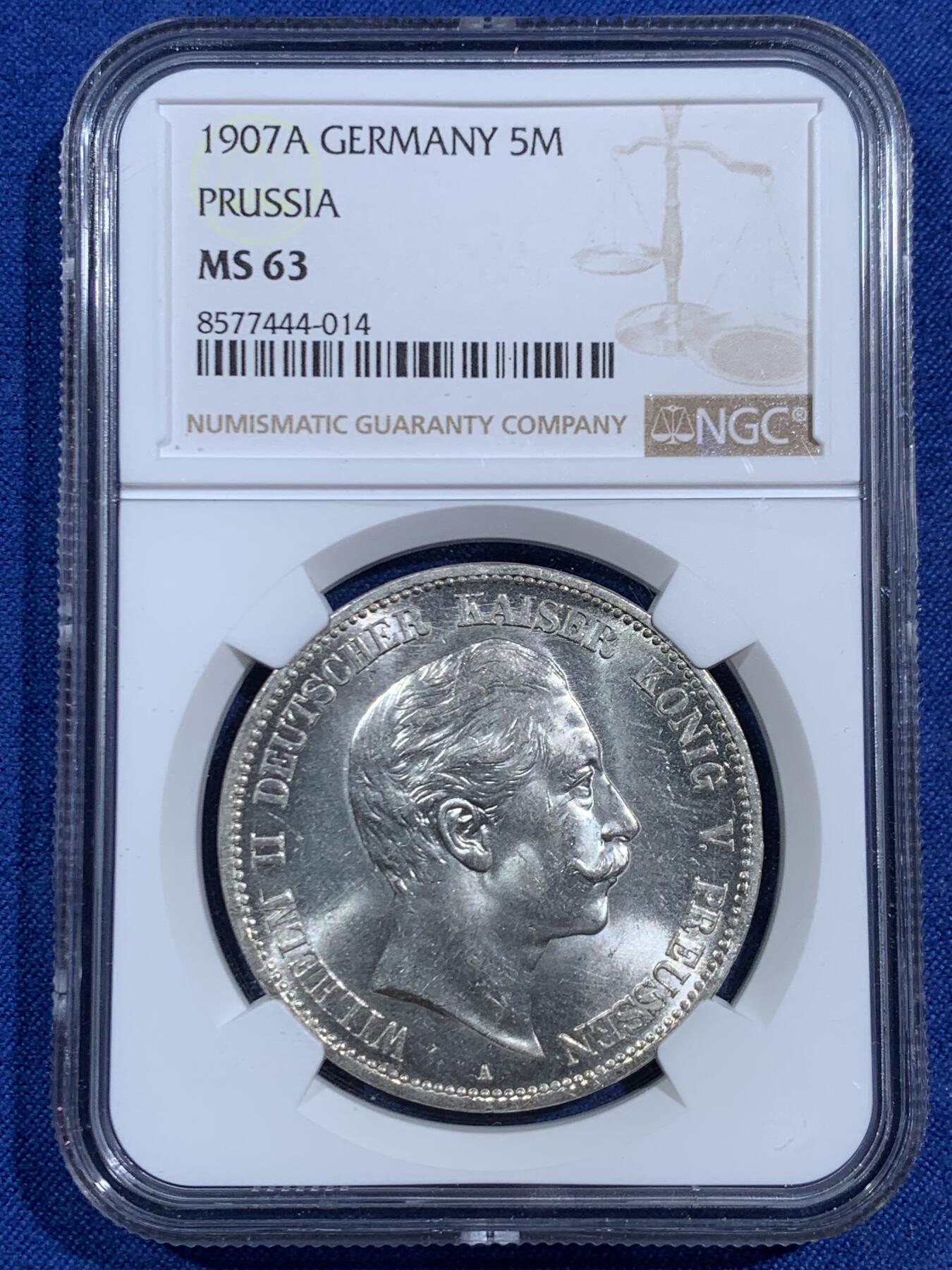 《竞宝斋》第464场 周日，周一，周二，3场连拍 （全场包邮）欢迎送拍 NGC MS63 德国 1907A 普鲁士 威廉二世皇帝 5马克 银币 好品相数量稀少，底板很美