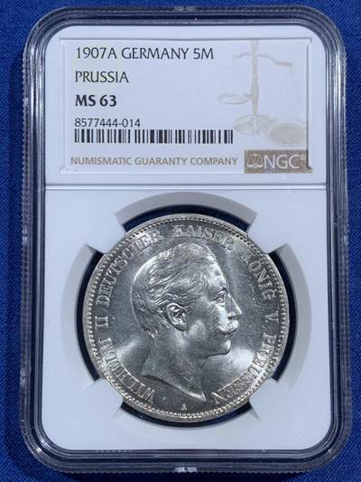 《竞宝斋》第464场 周日，周一，周二，3场连拍 （全场包邮）欢迎送拍 - NGC MS63 德国 1907A 普鲁士 威廉二世皇帝 5马克 银币 好品相数量稀少，底板很美