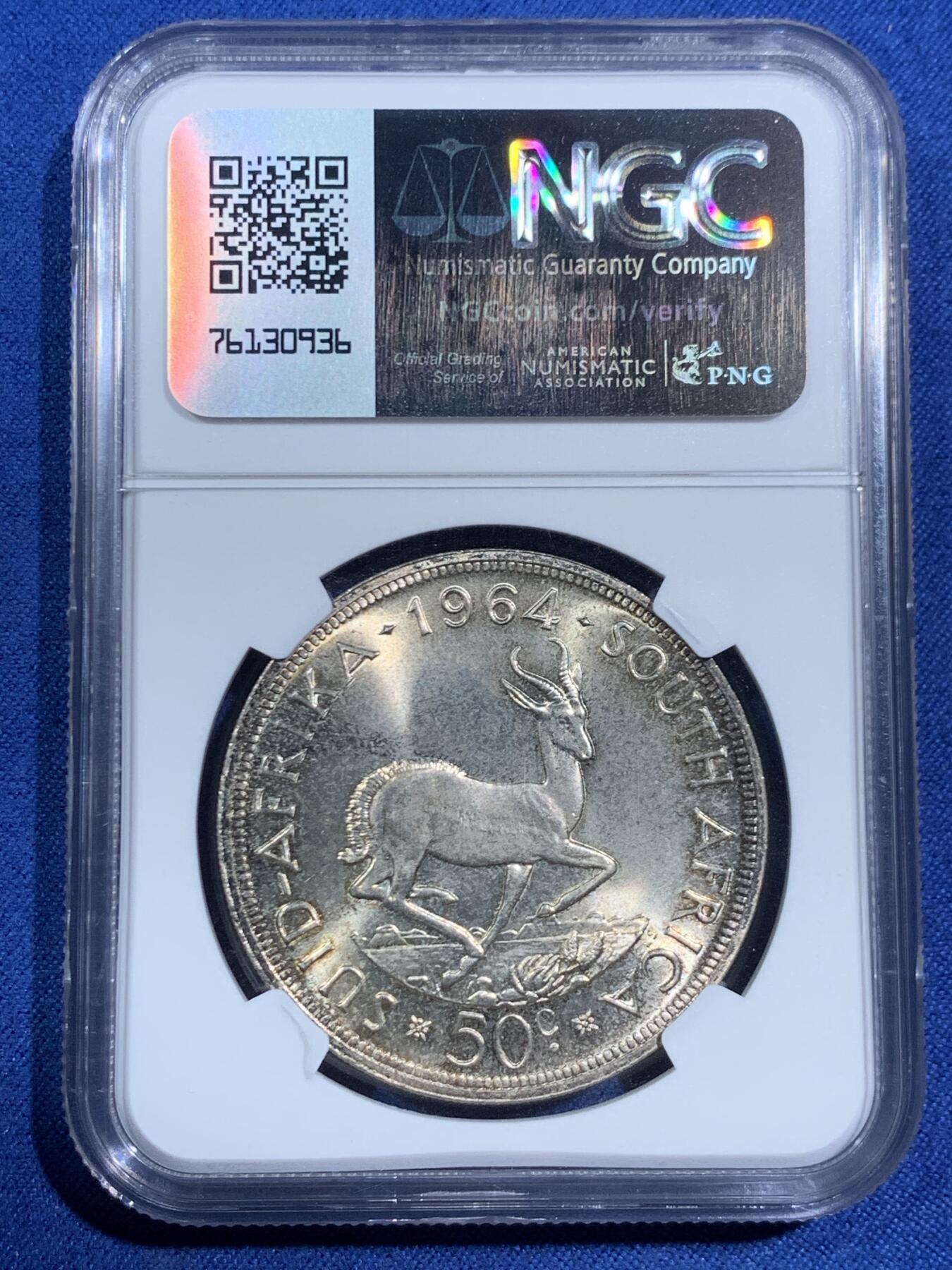 《竞宝斋》第464场 周日，周一，周二，3场连拍 （全场包邮）欢迎送拍 NGC MS65 南非1964年吕贝克跳羚羊50分大银币