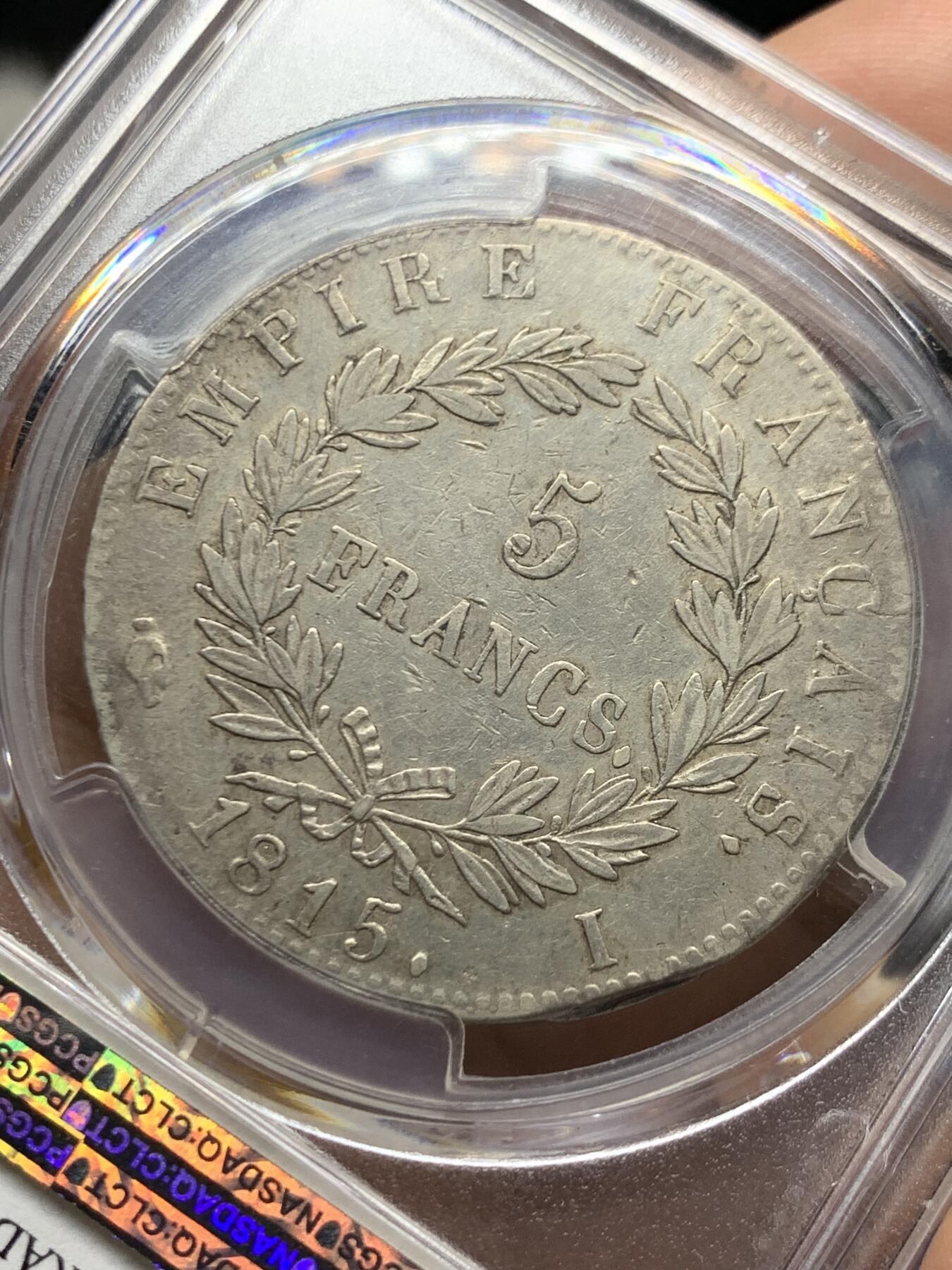 《竞宝斋》第464场 周日，周一，周二，3场连拍 （全场包邮）欢迎送拍 PCGS VFD 法国 1815年 拿破仑“白日王朝”5法郎银币 少见品种 持续上涨