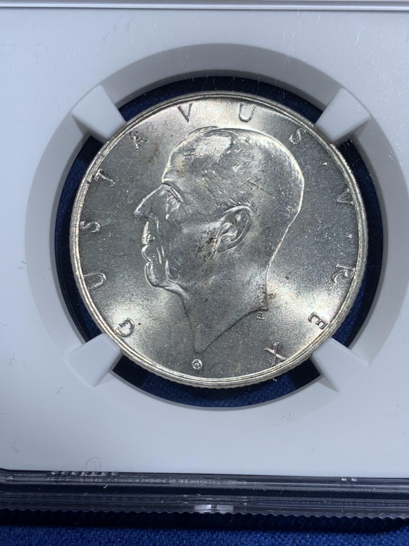 《竞宝斋》第464场 周日，周一，周二，3场连拍 （全场包邮）欢迎送拍 NGC MS64 瑞典1938年殖民地定居点成立300周年2克朗银币