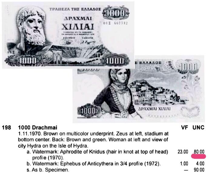 全新希腊1970年1000德拉克马精美稀缺纸币