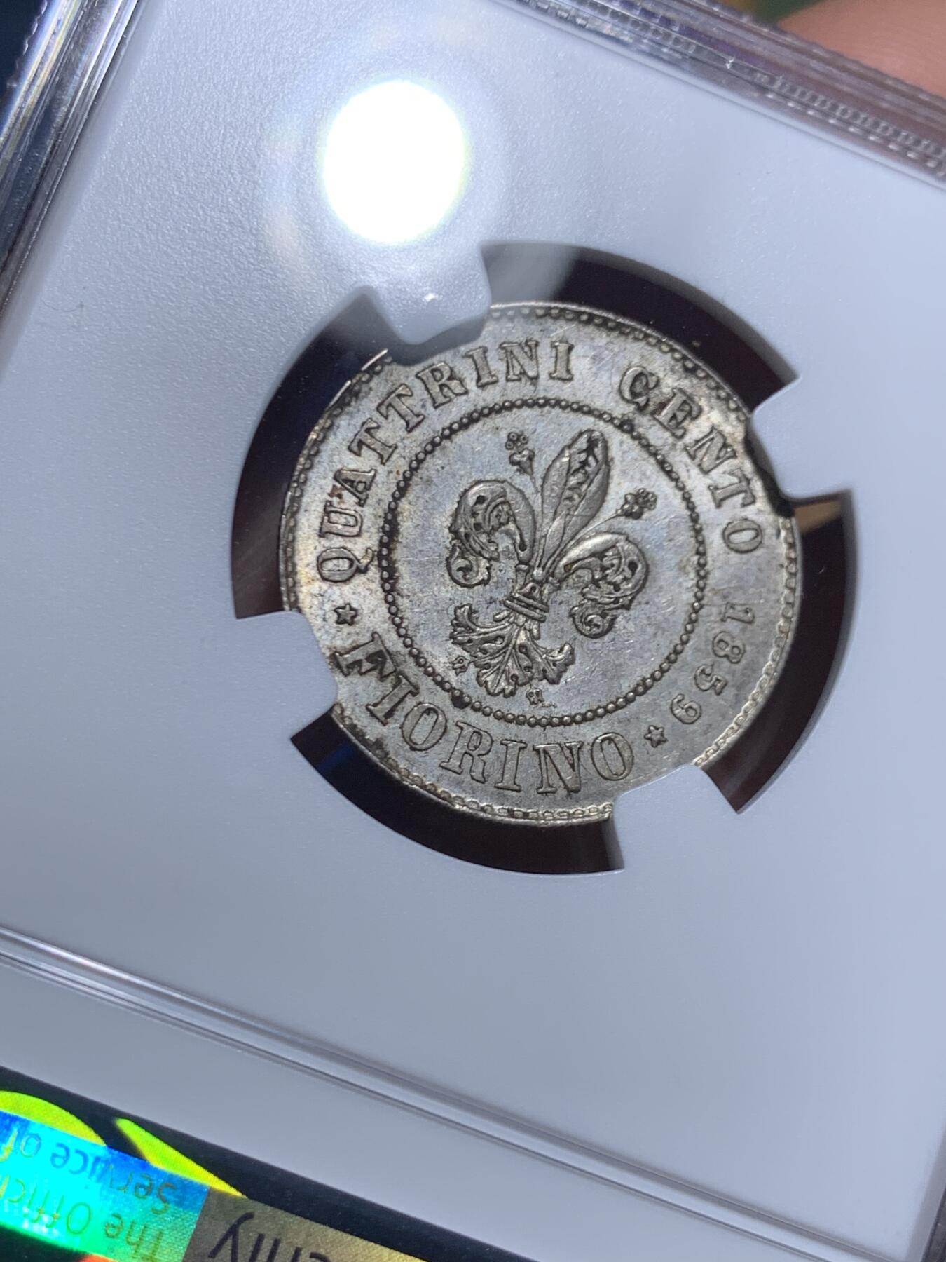 《竞宝斋》第464场 周日，周一，周二，3场连拍 （全场包邮）欢迎送拍 NGC MS62+意大利 1859 托斯卡纳1 forin 银币 临时政府发行的唯一银币