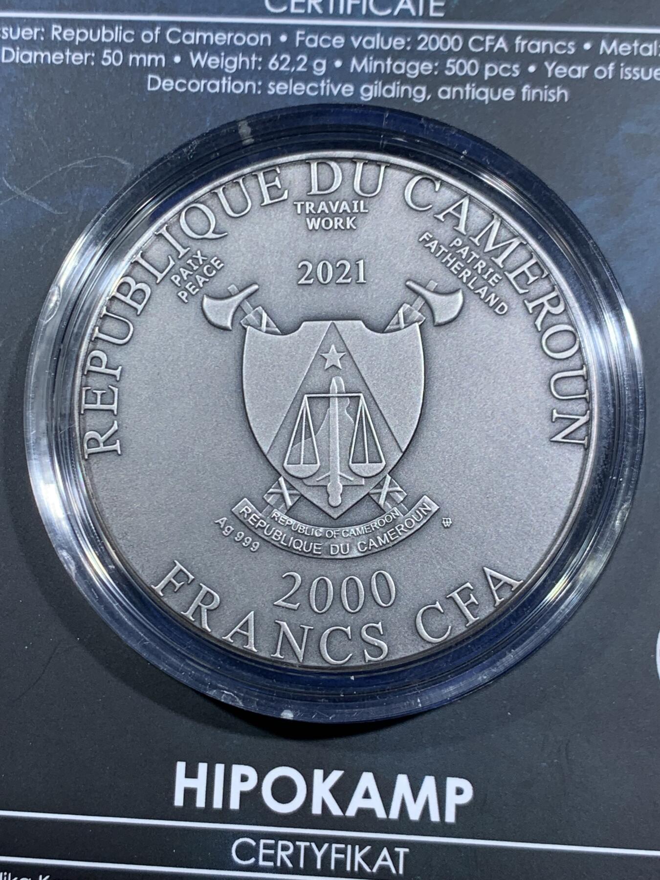 《竞宝斋》第464场 周日，周一，周二，3场连拍 （全场包邮）欢迎送拍 喀麦隆2021年2000中非法郎仿古镀金银币 马头鱼尾海怪 62.2克999银 发行量：500 盒证全
