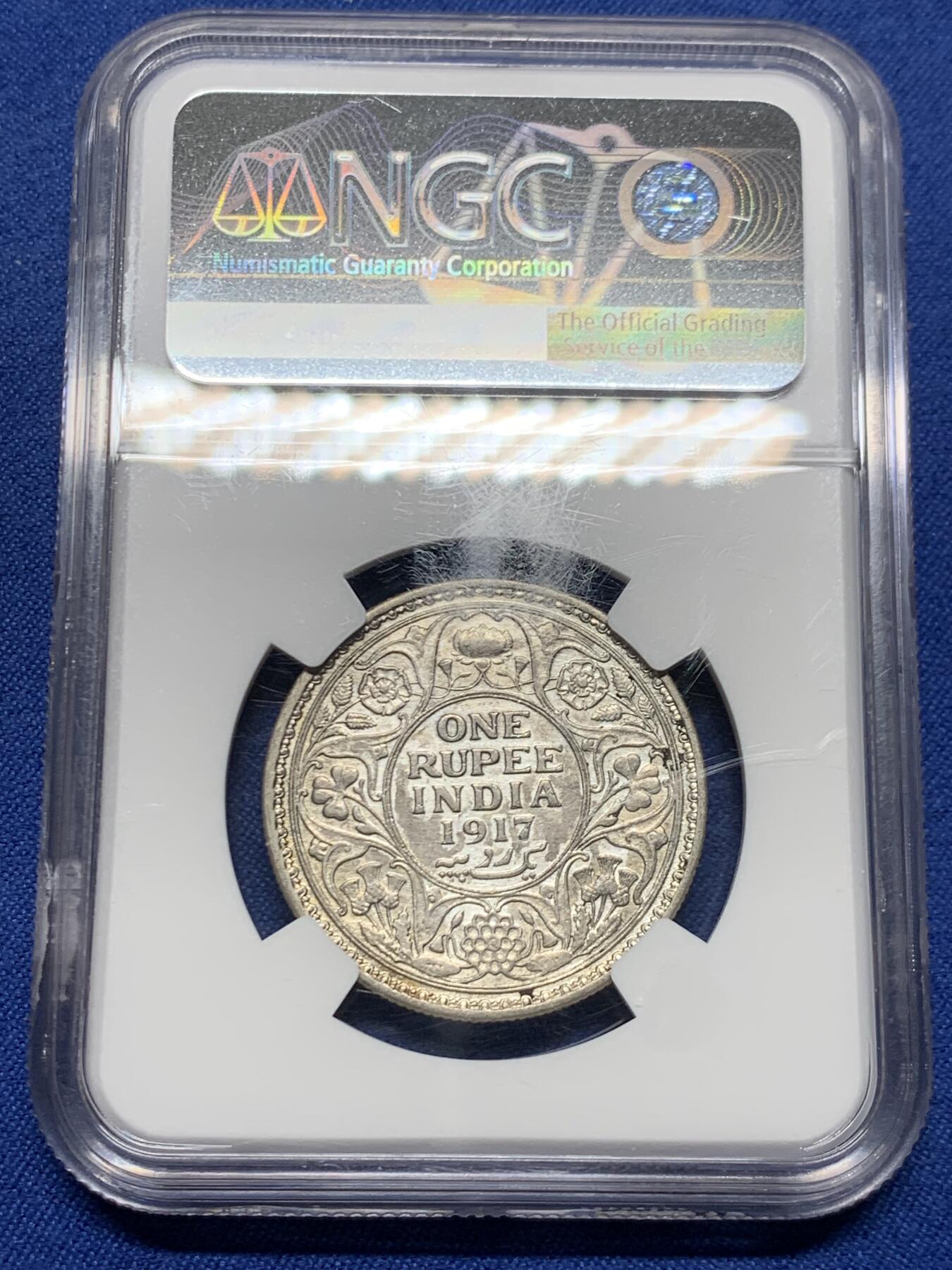 《竞宝斋》第464场 周日，周一，周二，3场连拍 （全场包邮）欢迎送拍 NGC AUD 印度1917年乔治五世1卢比银币