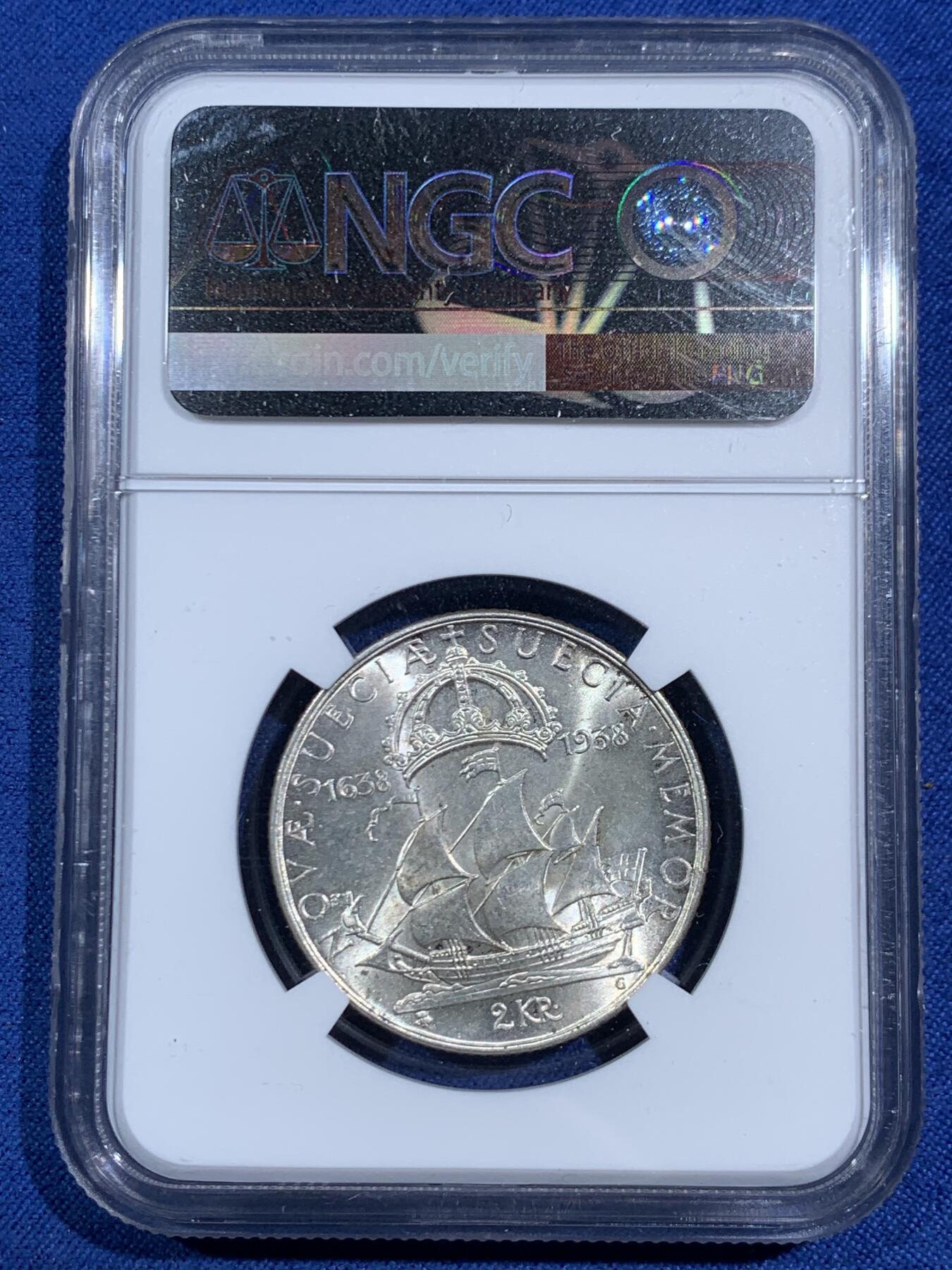 《竞宝斋》第464场 周日，周一，周二，3场连拍 （全场包邮）欢迎送拍 NGC MS64 瑞典1938年殖民地定居点成立300周年2克朗银币