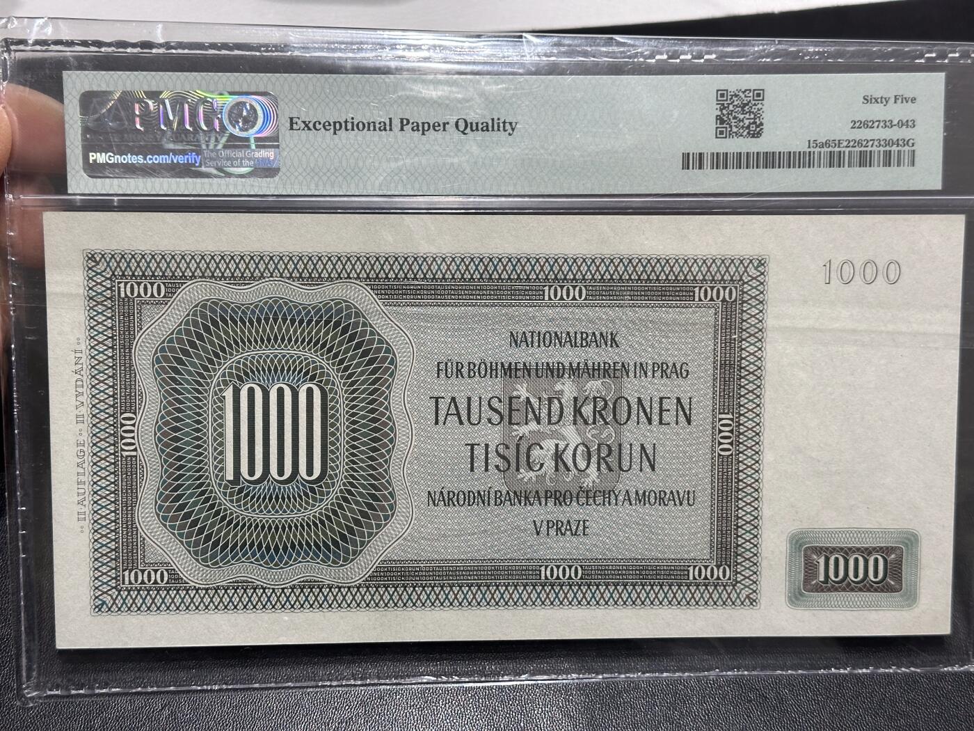 《外钞收藏家》第六百零七期（畅拍场）（本平台长期征集拍品、欢迎藏友们联系合作） 1942年波希米亚和摩拉维亚1000克朗 PMG65