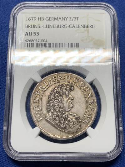 《竞宝斋》第464场 周日，周一，周二，3场连拍 （全场包邮）欢迎送拍 - NGC AU53 德国 1679年 布伦瑞克-吕讷堡公国 2/3泰勒银币 背面海洋帆船景观少见