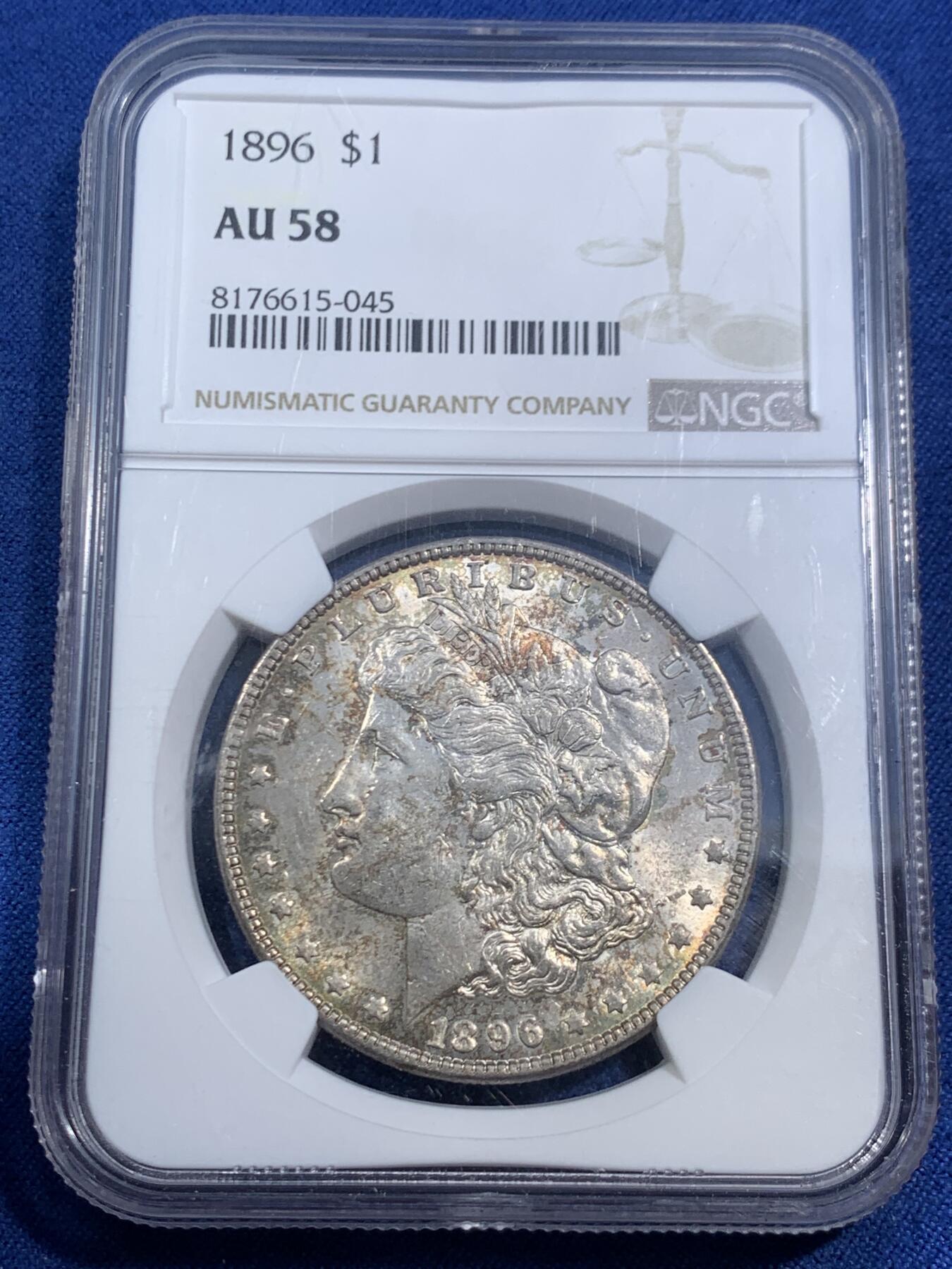 《竞宝斋》第464场 周日，周一，周二，3场连拍 （全场包邮）欢迎送拍 NGC AU58 美国1896年摩根一美元银币