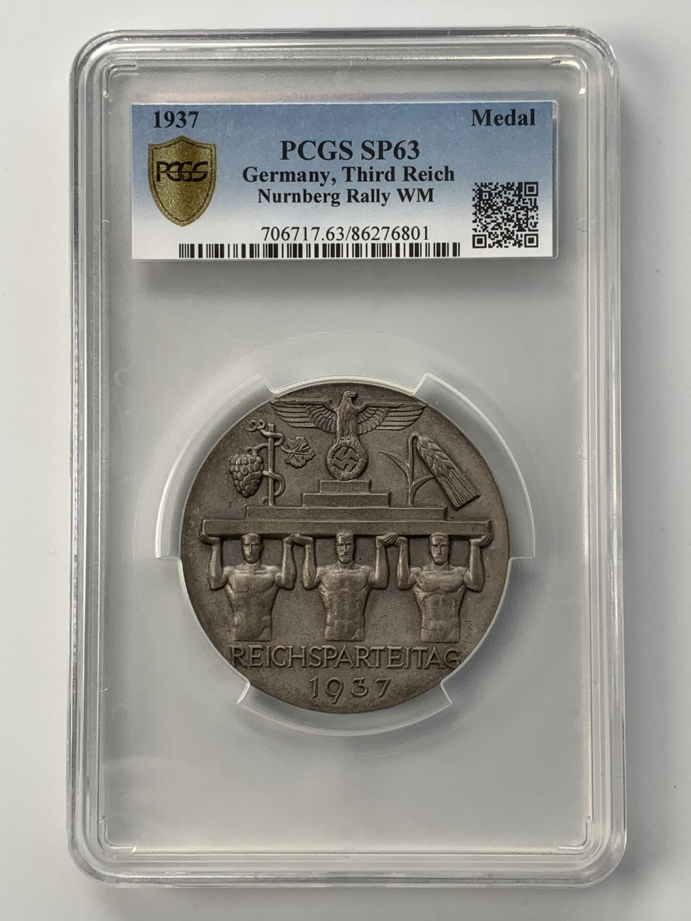 掌中浮雕-藏着的欧洲第052场 PCGS SP63 ：1937年第三帝国纽伦堡党代会白色金属（WM）纪念章，60mm