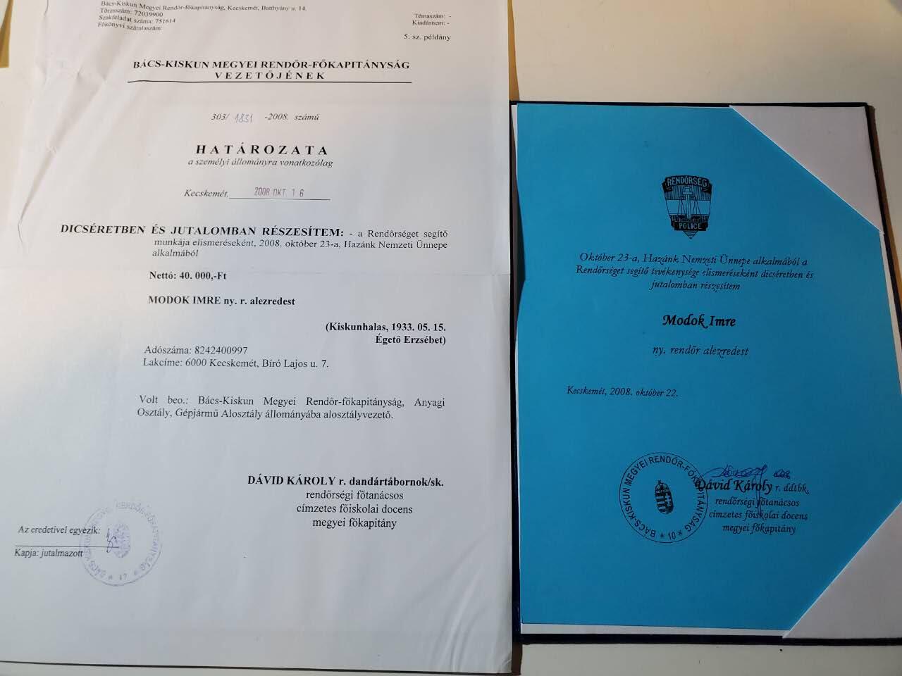 韵星假日军品类拍卖第三十九期暨默多克中校夫妇专场 -- Rimey Holidays Militaria Auction 39 & The Modoks Collection  匈牙利共和国(1989-2012)不同时期默多克中校警察总局感谢信两张